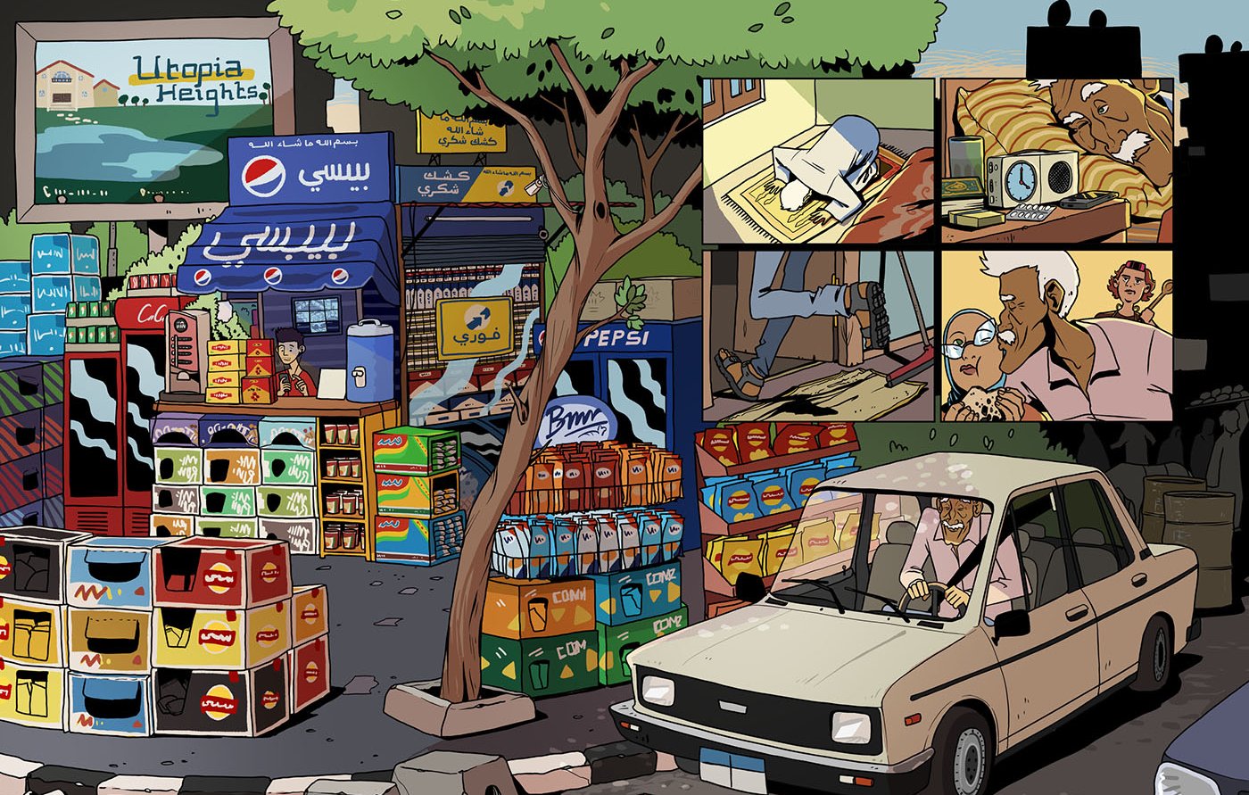 L'immagine mostra una vivace scena di un mercato urbano. Ci sono diversi chioschi e negozi che vendono bevande e snack, con marchi famosi ben visibili. Un'auto parcheggiata in primo piano suggerisce un'atmosfera di vita quotidiana. Nel riquadro in alto a destra, si vedono alcune vignette che raccontano una storia, con personaggi che interagiscono, suggerendo un momento di convivialità o di discussione. L'ambiente è animato, con elementi che evocano una cultura locale vibrante e dinamica.