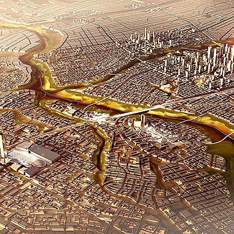 L'image montre une vue aérienne d'une grande ville futuriste. On peut voir un paysage urbain dense avec de nombreux bâtiments modernes, dont certains sont très hauts et imposants. Des routes et des voies ferrées traversent la ville, tandis que des rivières serpentent à travers le paysage. La lumière semble dégager une ambiance dorée, donnant une impression de prospérité et de développement. L'architecture semble variée, mélangeant styles modernes et traditionnels, et il y a des zones plus rurales ou moins densément peuplées en périphérie.