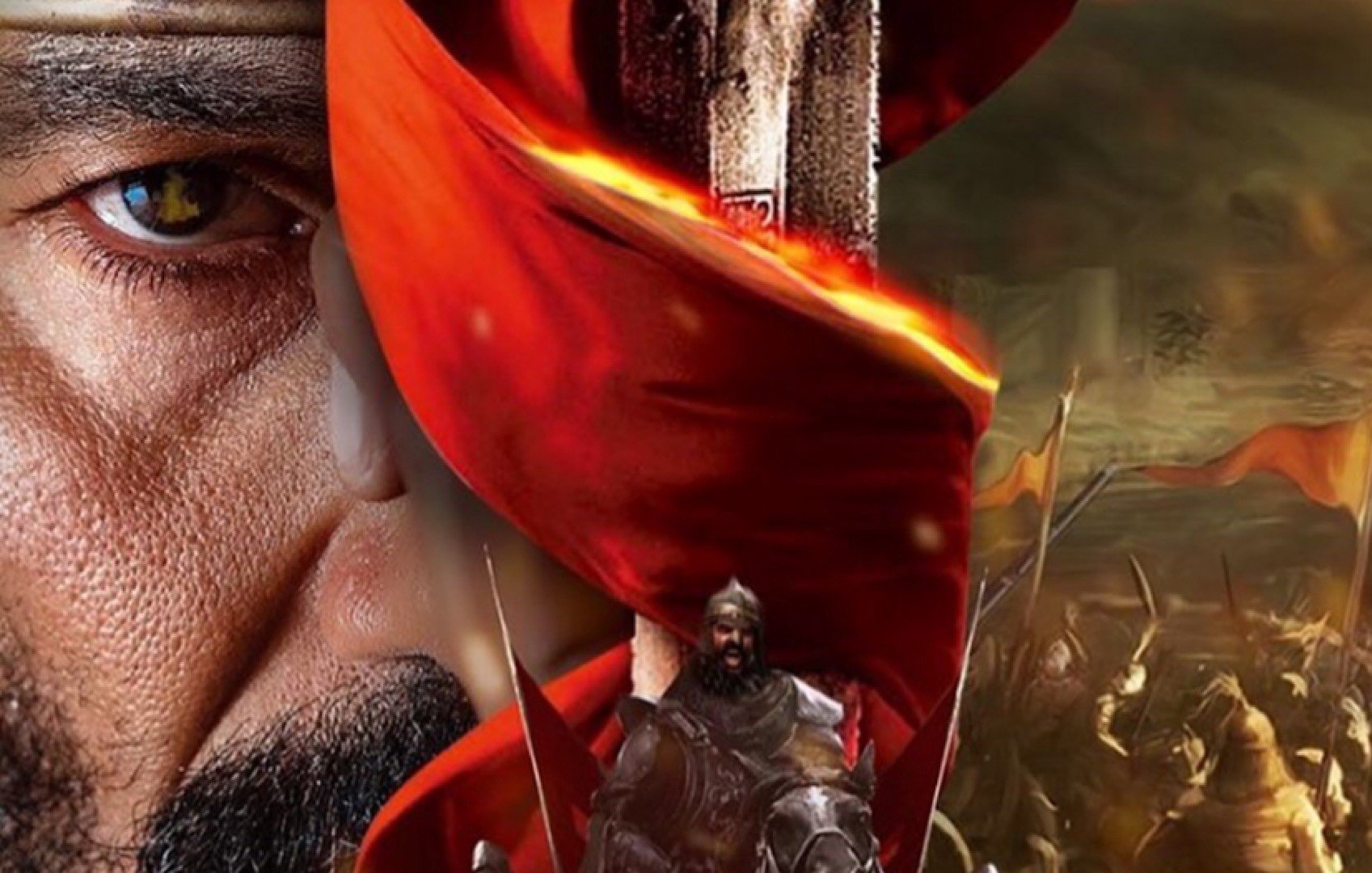 The image appears to depict a historical or epic theme, likely related to battle or warfare. It features a prominent warrior in armor, possibly on horseback, amid a dramatic and chaotic battlefield scene in the background. There are fiery colors, particularly a striking red, which suggests intensity and action. Elements like swords or banners might be included, enhancing the sense of conflict and heroism. Overall, the image evokes a sense of bravery, valor, and the tumult of war.