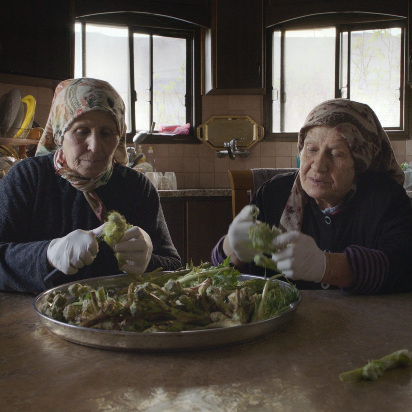 Nell'immagine vediamo due donne sedute a un tavolo in una cucina. Sono intente a pulire degli asparagi, indossando guanti bianchi e foulard. Davanti a loro c'è un grande piatto con gli asparagi già raccolti, mentre la luce entra dalle finestre, creando un'atmosfera accogliente e familiare. Le pareti della cucina sono in tonalità calde e l'ambiente sembra tradizionale e domestico.