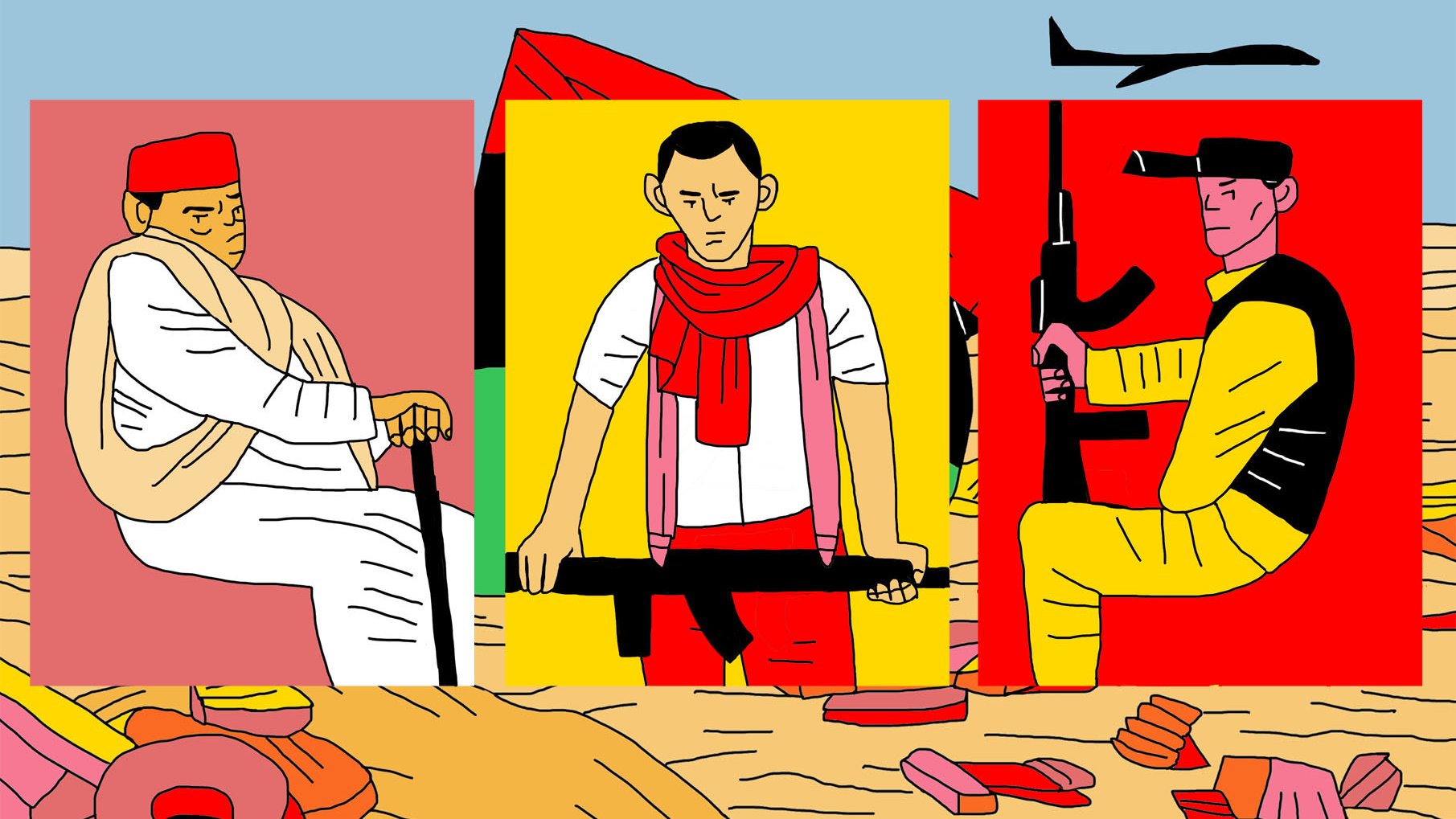 L'image présente trois personnages stylisés, chacun dans un cadre coloré différent. À gauche, un homme portant un turbant rouge et une tenue blanche est assis avec une canne. Au centre, un personnage debout porte un t-shirt et un foulard rouge, tenant une arme automatique. À droite, un homme est habillé en noir et jaune, tenant également une arme. Le fond évoque un paysage désertique avec des éléments de débris colorés. L'ensemble crée une atmosphère qui semble aborder des thèmes de conflit ou de tension.