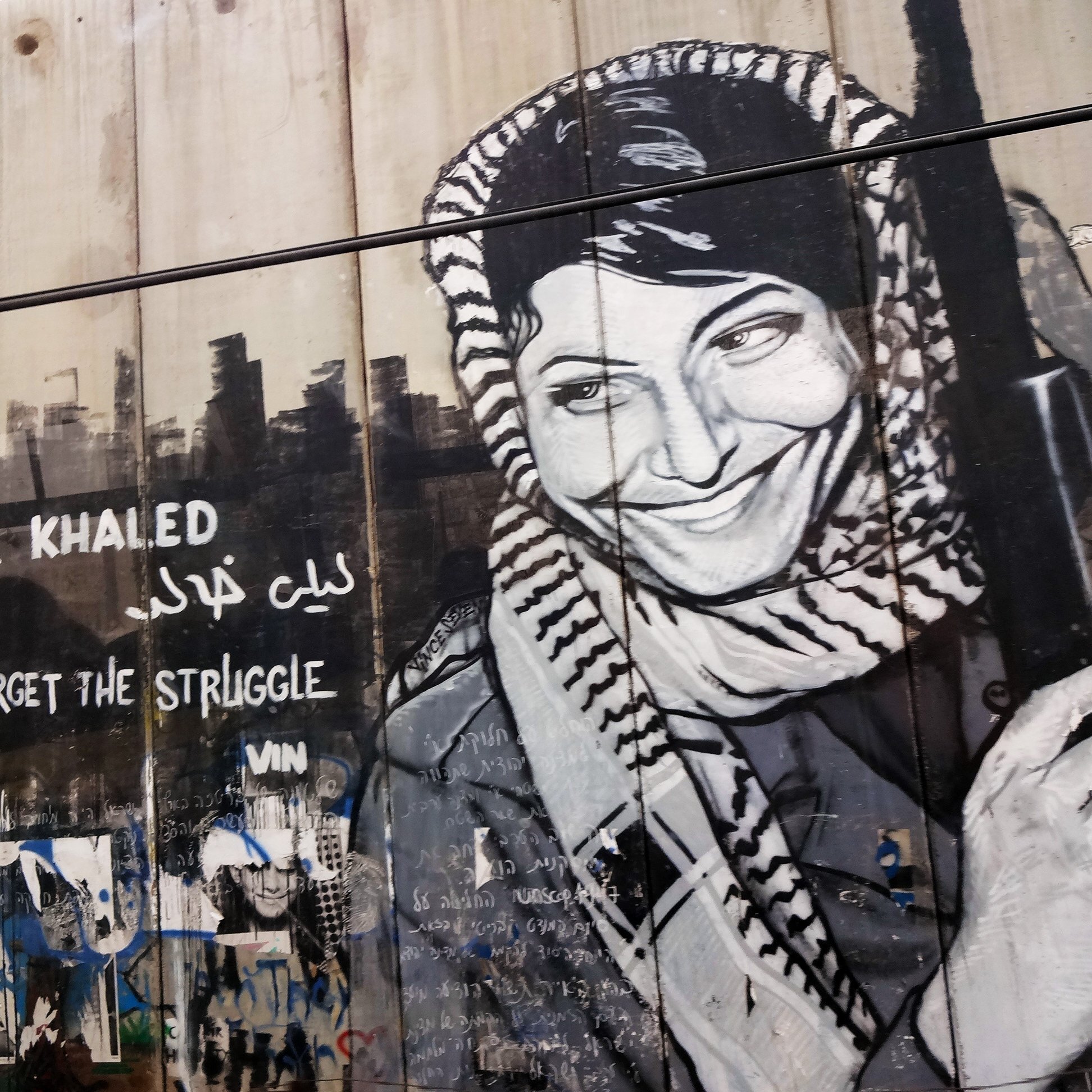 La imagen muestra un mural pintado en una pared, con un retrato en blanco y negro de una mujer que sonríe, vistiendo un keffiyeh. Junto a su imagen, hay texto en inglés que dice "DON'T FORGET THE STRUGGLE" y en árabe el nombre "ليلى خالد" (Leila Khaled). Este mural parece rendir homenaje a la figura de Leila Khaled, conocida por su activismo político y su papel en la lucha palestina. El fondo de la pared tiene grafitis y otros símbolos, lo que añade contexto urbano y de resistencia.