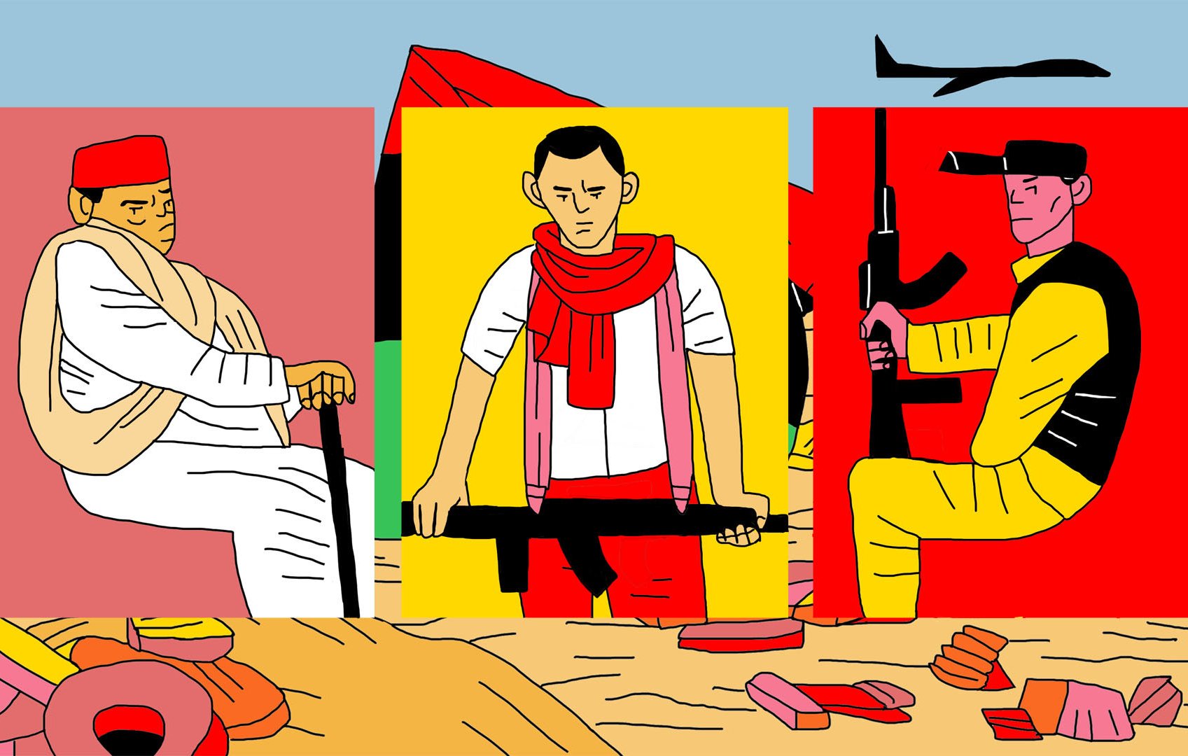 L'image présente trois personnages stylisés sur un fond désertique. À gauche, un homme âgé, vêtu de manière traditionnelle avec un chapeau rouge, est assis avec une canne. Au centre, un homme jeune porte un t-shirt blanc et une écharpe rouge, tenant une grande arme. À droite, un homme habillé en noir et jaune, au posture confiante, tient également une arme. Le fond de l'image est coloré avec des éléments graphiques, ajoutant une dimension dynamique à la scène.