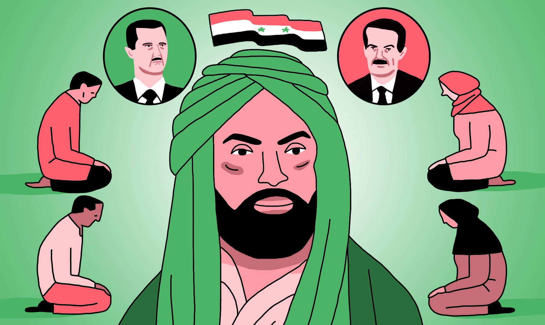 L'image présente un personnage central avec une barbe et un turban vert, entouré de silhouettes de personnes inclinées vers le sol. Au-dessus, il y a trois cercles avec des visages, probablement représentant des figures politiques. En arrière-plan, on peut voir un drapeau syrien. L'ensemble évoque des thèmes liés à la politique et à la religion, toutes deux liées à la Syrie. Les couleurs sont principalement vertes et rouges, ajoutant un contraste visuel significatif.