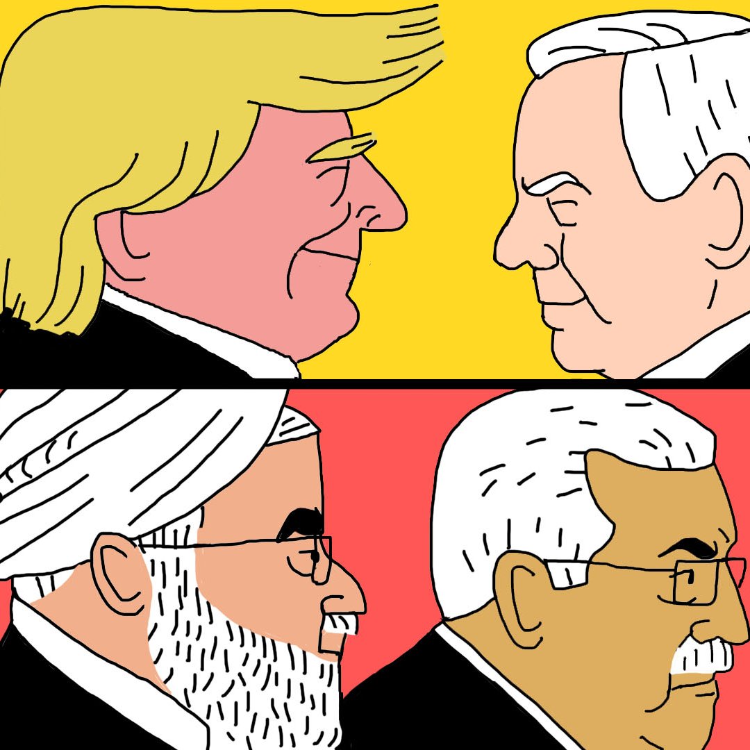 L'image présente une illustration divisée en deux parties. La partie supérieure montre des visages de plusieurs leaders politiques avec un fond jaune, tandis que la partie inférieure les montre sur un fond rouge. On y voit une confrontation entre différentes figures symboliques, probablement des dirigeants de pays, avec des expressions sérieuses. Cette représentation semble évoquer des relations diplomatiques tendues et des enjeux politiques.