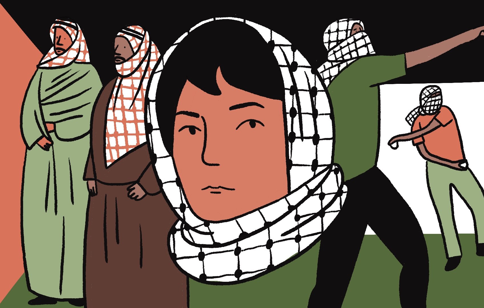 L'image montre une scène stylisée avec plusieurs personnages. Au centre, il y a un visage qui semble réfléchir, entouré d'un foulard à motif typique. À gauche et à droite, des figures humaines sont représentées, certaines portant également des foulards. L'arrière-plan est coloré avec des blocs de couleur contrastés, créant une ambiance dynamique. Les personnages semblent engagés dans des actions diverses, ce qui peut évoquer des thèmes de résistance ou de lutte.