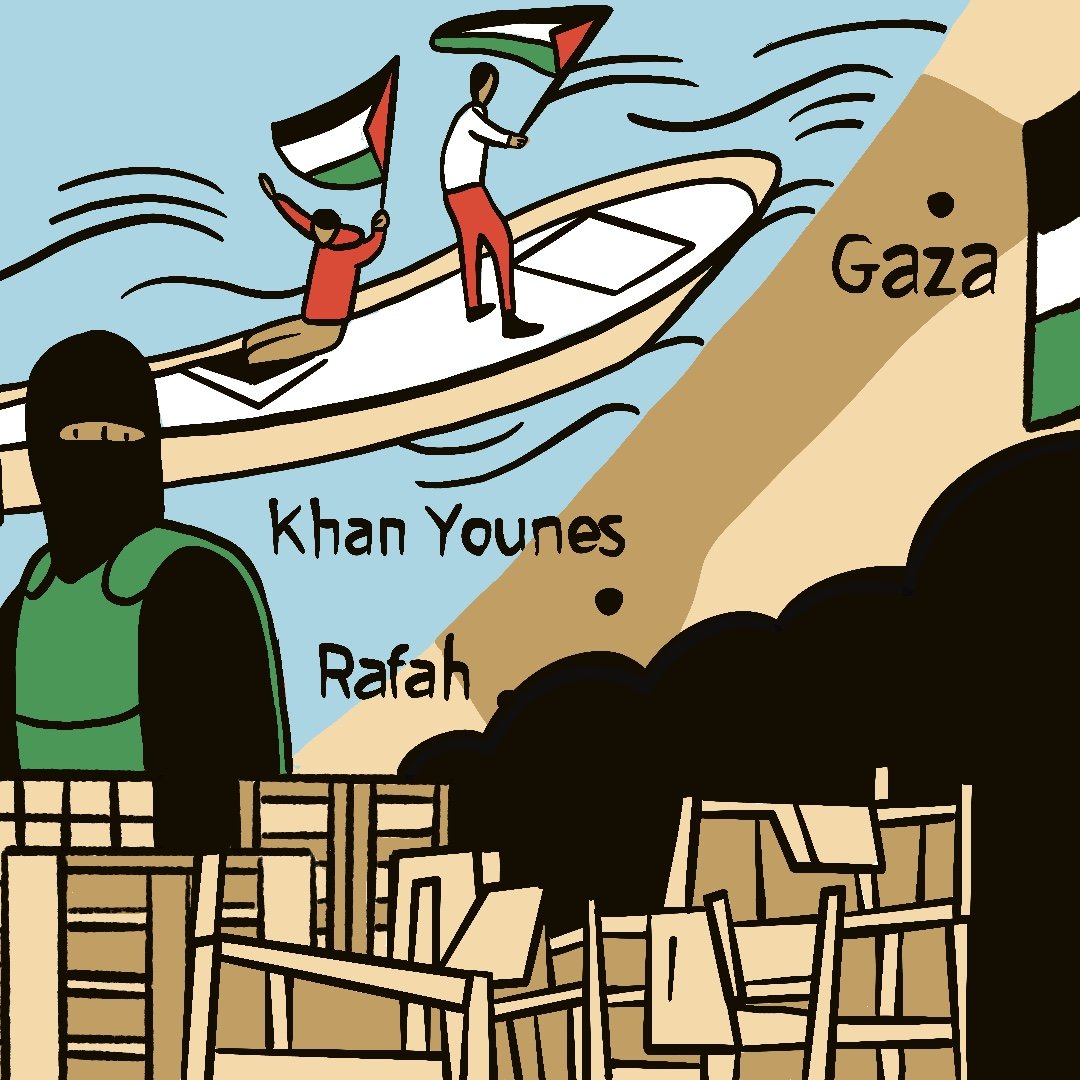 La imagen muestra una representación artística relacionada con Gaza. En el lado izquierdo, se ve una figura en la sombra con un arma y vestimenta en tonos oscuros, simbolizando un guerrero o combatiente. A la derecha, dos personas en una pequeña embarcación levantan banderas palestinas. En el fondo, se aprecian nombres de lugares como Khan Younes y Rafah, junto con una gran cantidad de humo, que puede sugerir conflicto o destrucción. La escena transmite una mezcla de resistencia y lucha.