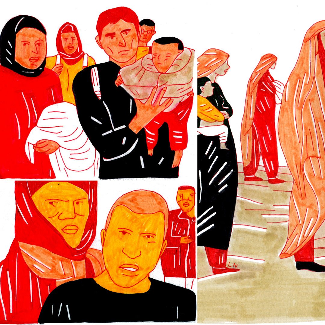 L'image présente des individus dans un style de dessin coloré. On y voit plusieurs personnes, dont certaines portent des enfants. Les personnages ont des expressions qui semblent exprimer des émotions fortes, comme la tristesse ou l'inquiétude. Les couleurs utilisées sont principalement des tons chauds comme le rouge et l'orange, ce qui donne une impression de tension et d'urgence. L'arrière-plan semble représenter un paysage désertique ou une zone difficile, renforçant le contexte probablement dramatique de la scène.