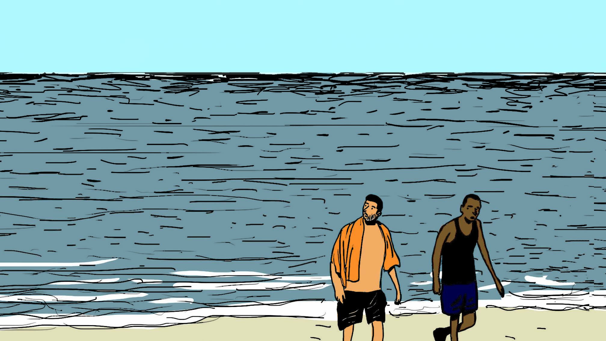 L'image montre deux hommes marchant sur une plage. L'un d'eux porte un t-shirt orange et l'autre un débardeur noir. Ils avancent le long du rivage, avec la mer calme et des vagues derrière eux. Un ciel bleu clair s'étend au-dessus d'eux, parsemé de quelques oiseaux qui volent. L'atmosphère semble paisible et décontractée, typique d'une journée en bord de mer.