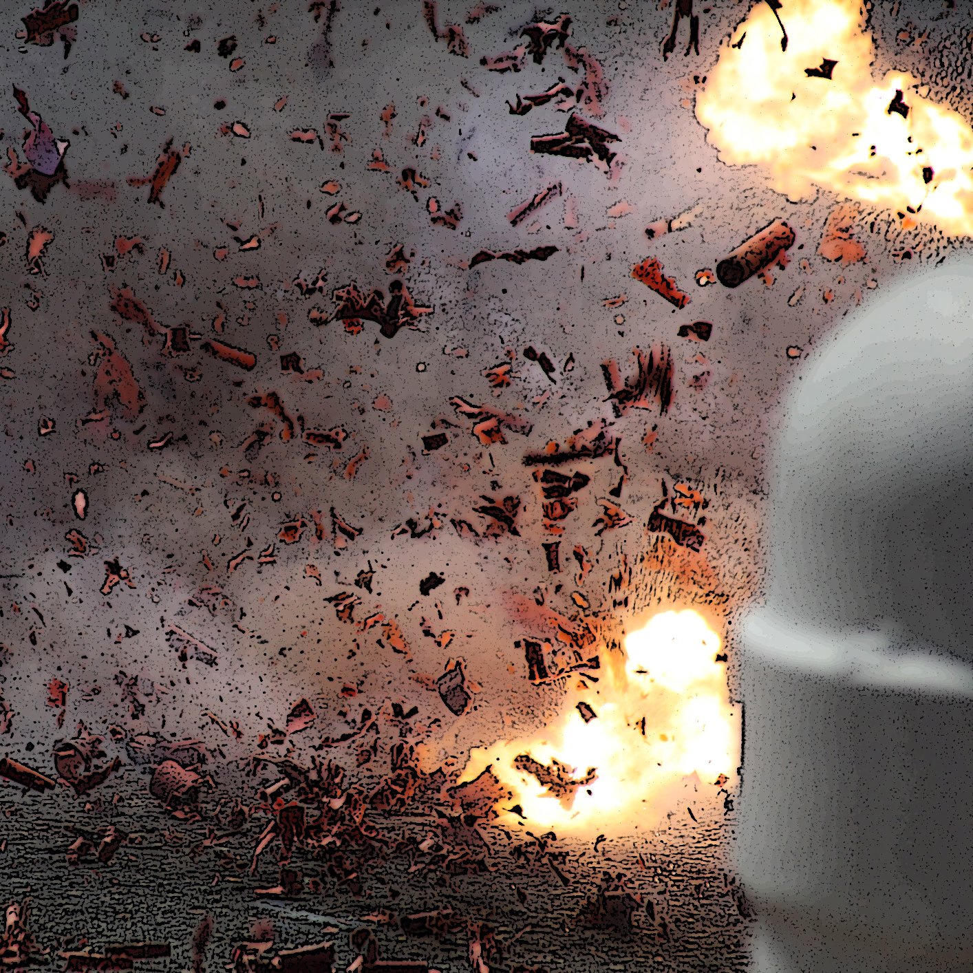 The image depicts an intense explosion, with fragments and debris scattered throughout the scene. There are bright flashes of light indicating the force of the blast, and the background appears smoky and chaotic, suggesting a highly energetic event. The overall atmosphere conveys a sense of destruction and turmoil.