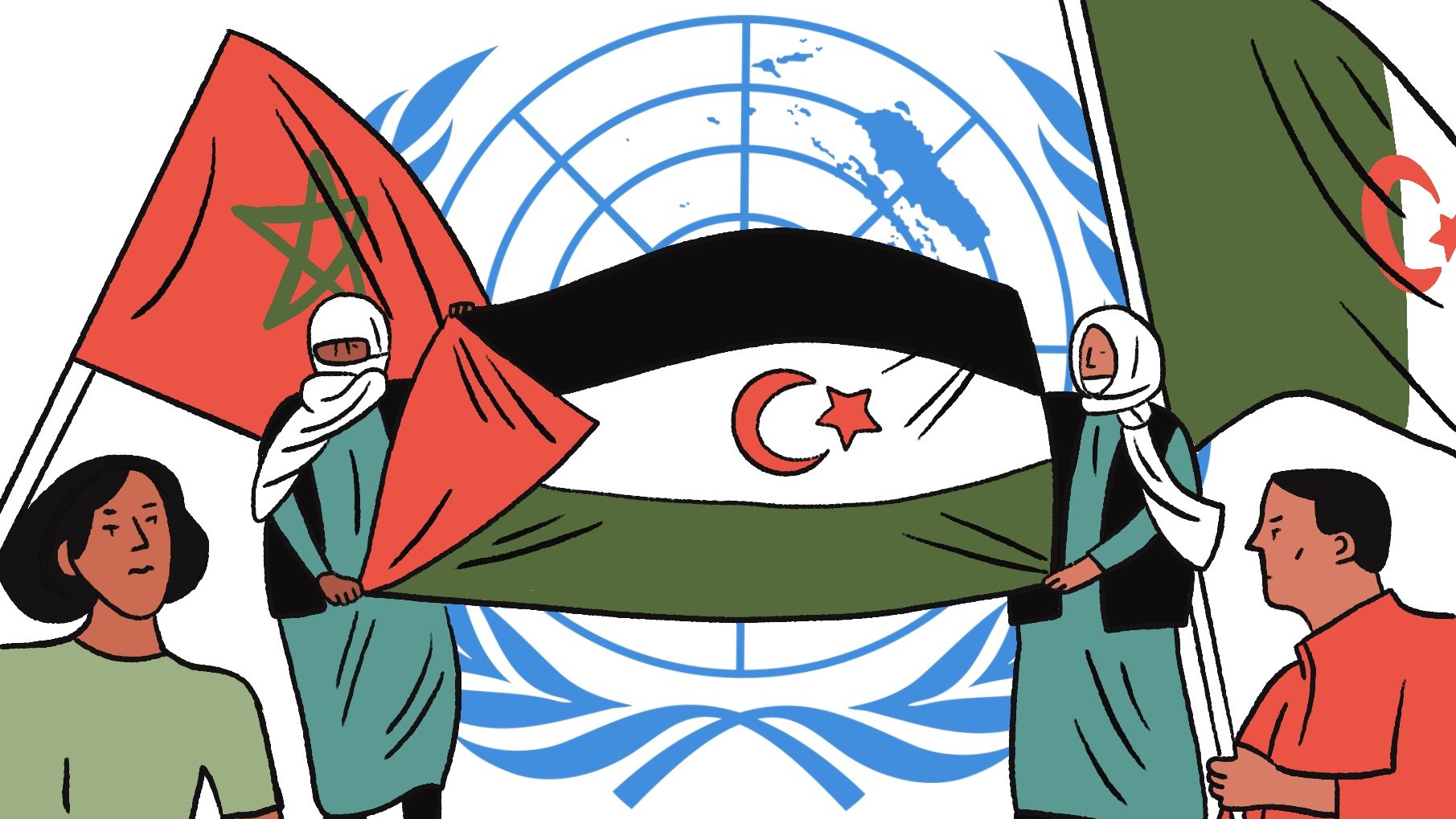The image features a group of individuals holding a large flag that prominently displays a green field with a white crescent and star in the center, flanked by flags of Morocco and Algeria. In the background, there is a representation of the United Nations emblem. The individuals are dressed in various outfits, including some wearing headscarves, indicating diverse representation. The scene may symbolize a political or cultural statement related to the countries depicted.