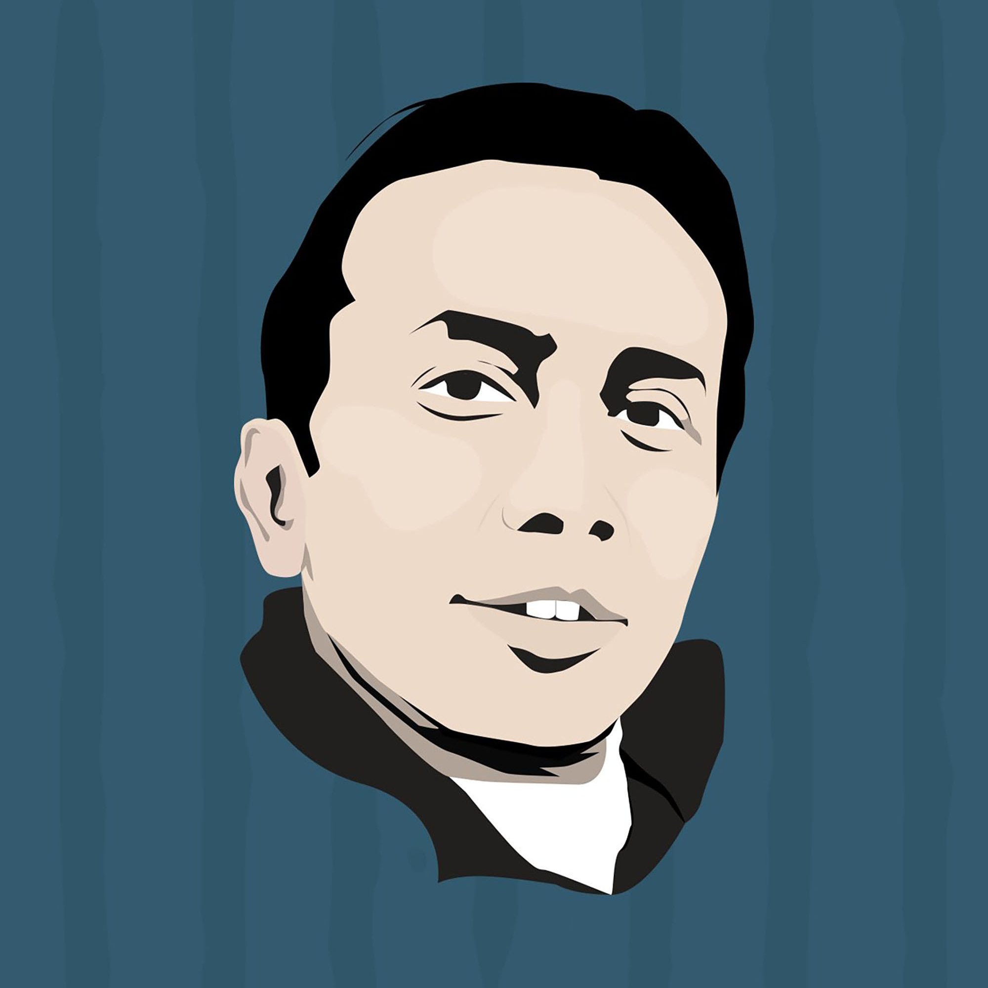 الصورة عبارة عن رسم توضيحي لوجه شخص يظهر بابتسامة خفيفة. لديه شعر داكن ومسرح بشكل عصري، بينما ملامح وجهه تبدو ناعمة. الخلفية بألوان مائية زرقاء تعزز من بروز الوجه بشكل جميل. تعكس الصورة أسلوبًا فنيًا بسيطًا ومعبّرًا.