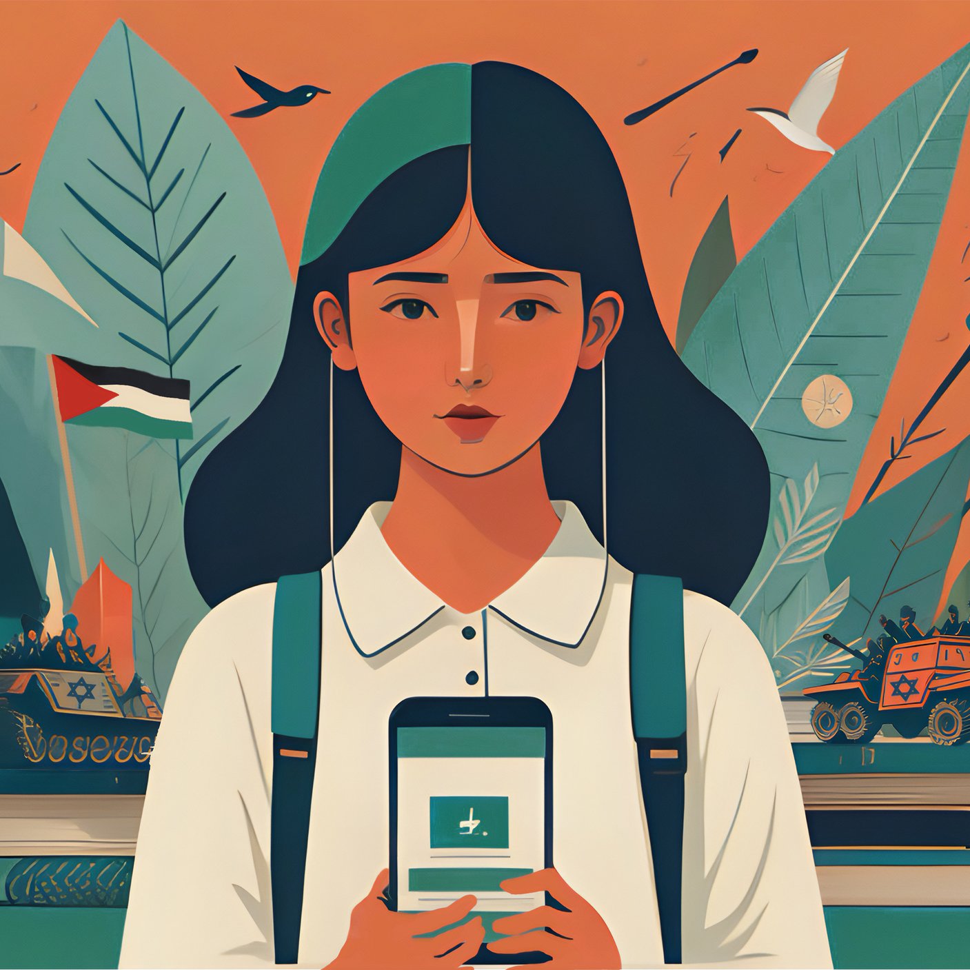 L'immagine rappresenta una giovane donna che tiene in mano uno smartphone, mentre dietro di lei si stagliano elementi naturali come foglie e piante, insieme a simboli di conflitto, come veicoli militari. L'atmosfera è caratterizzata da colori caldi e un contrasto tra la serenità della natura e la presenza inquietante di segnali di guerra. La giovane sembra interessata o concentrata sullo schermo del suo cellulare, suggerendo una connessione tra tecnologia e realtà sociale o politica.