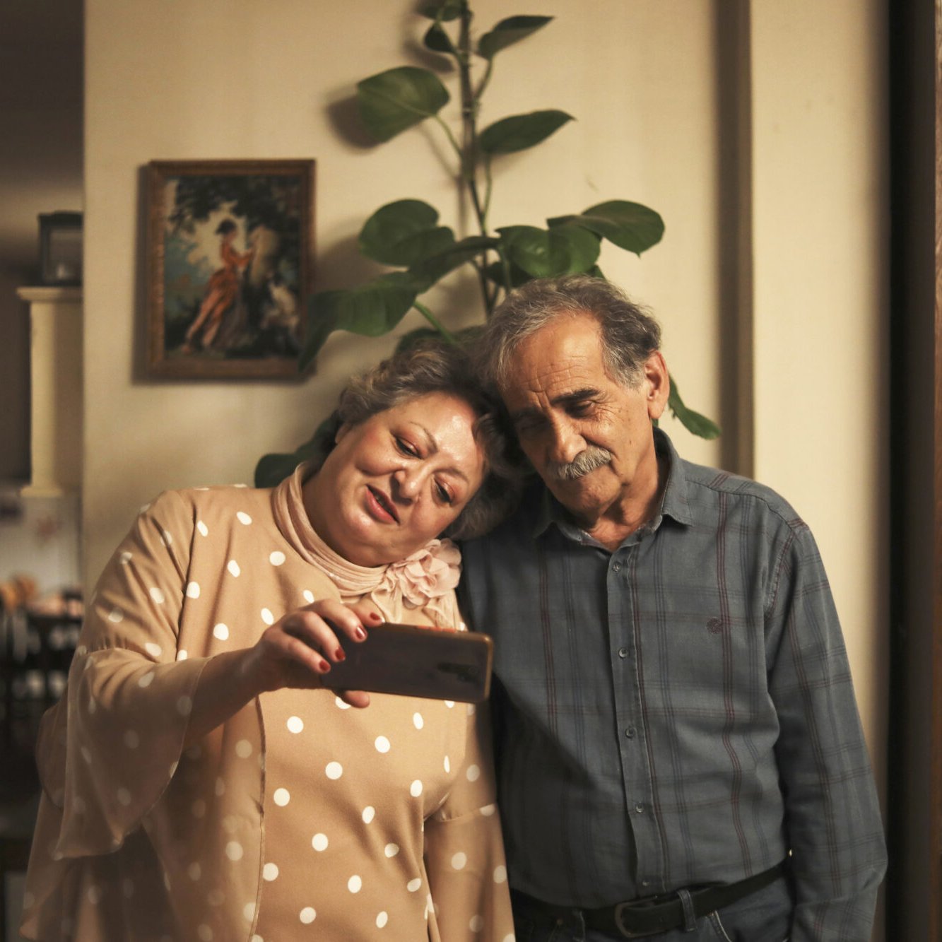 در این تصویر، یک زن و یک مرد در یک محیط داخلی ایستاده‌اند. زن لباسی با دکمه‌های بزرگ و کلاهی زیبا به تن دارد و در حال نشان دادن چیزی به مرد با گوشی همراه است. مرد در کنار او ایستاده و به صفحه گوشی نگاه می‌کند. هر دو لبخند بر لب دارند و به نظر می‌رسد که لحظه‌ای خوشحال‌کننده را تجربه می‌کنند. پس‌زمینه تصویر نشان‌دهنده یک خانه گرم و دلنشین است با گیاهانی در کنار دیوار.