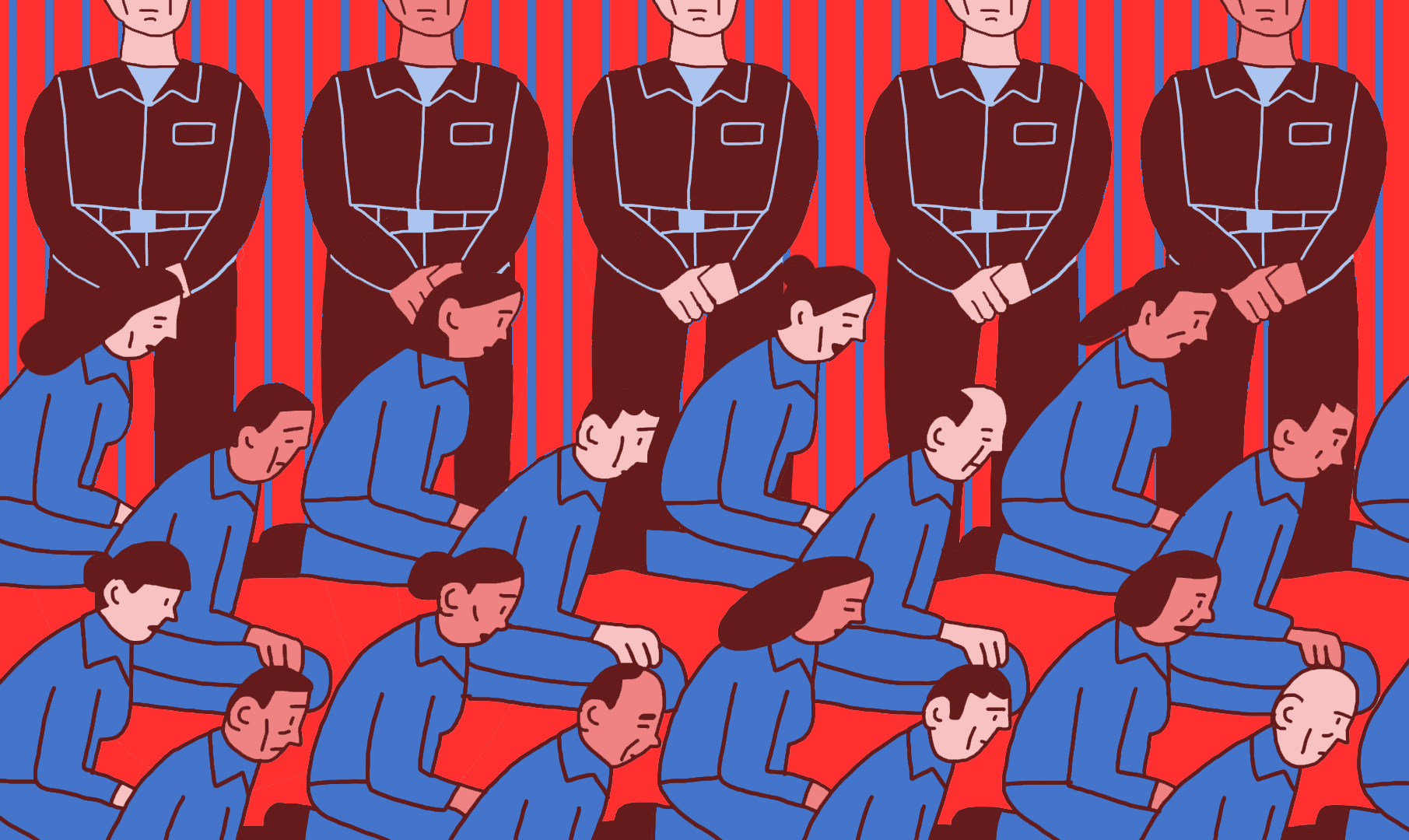 L'image présente un groupe de personnes en position de genoux, semblant être en détresse. Elles portent des vêtements bleus et affichent des expressions de tristesse ou de soumission. À l'arrière-plan, on voit des figures en uniforme noir, les bras croisés, se tenant debout. L'ensemble est sur un fond rouge rayé, ce qui crée un contraste frappant avec les couleurs des personnages. L'atmosphère de l'image évoque des thèmes de répression ou de désespoir.