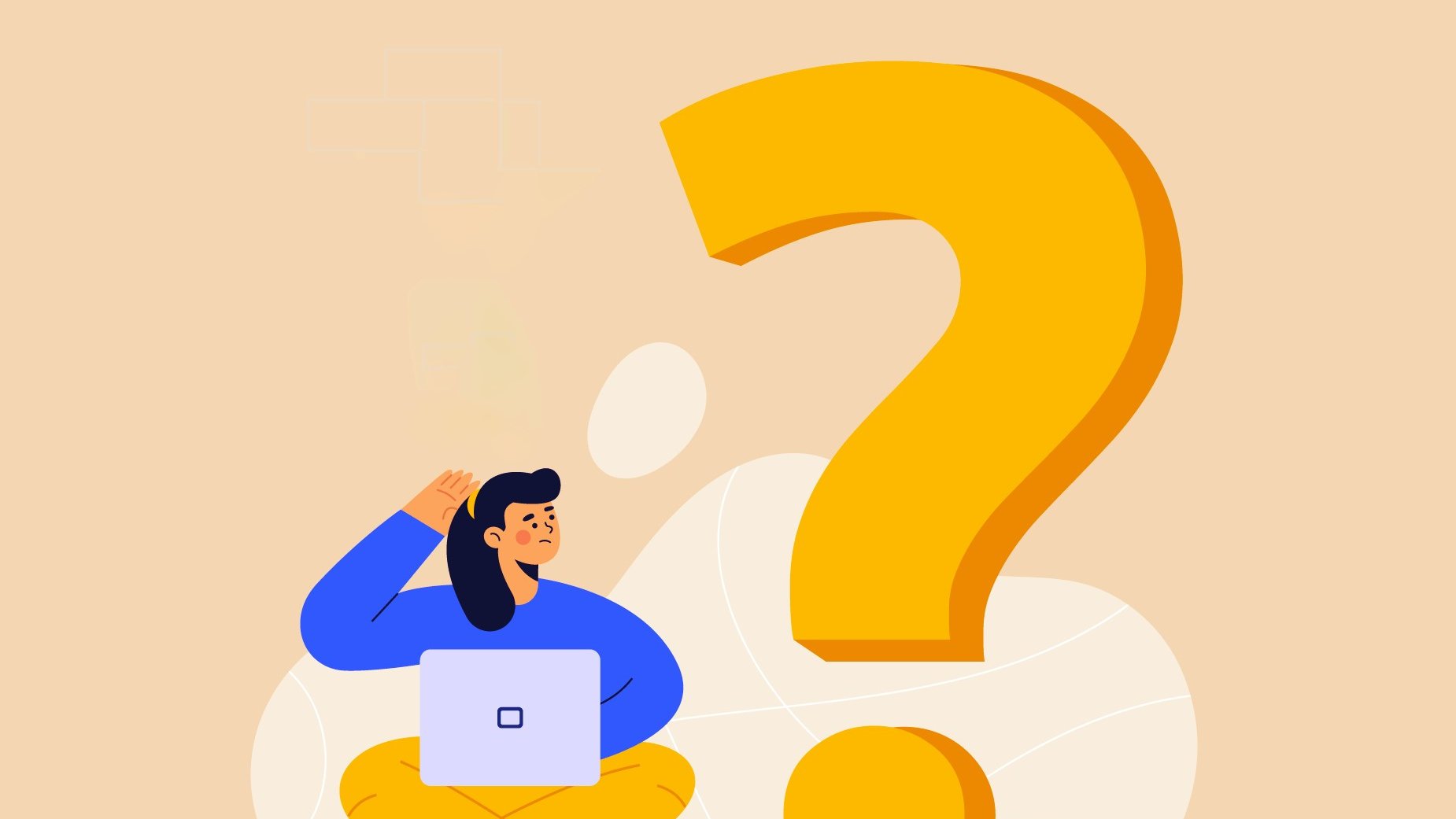 L'image montre une personne assise en tailleur sur le sol, tenant un ordinateur portable. Elle semble perplexe ou se pose des questions, avec un geste de la main sur la tête. À côté d'elle, il y a un grand point d'interrogation jaune, symbolisant l'incertitude ou la curiosité. L'arrière-plan est de couleur beige et présente des motifs abstraits.