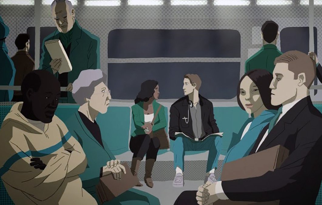 L'image illustre une scène à l'intérieur d'un bus, où plusieurs personnes sont assises. On observe deux groupes de passagers : d'un côté, un homme de couleur assis avec une femme âgée et, de l'autre côté, un homme et une femme jeunes, qui semblent converser. L'ambiance de l'image est calme, et l'illustration utilise des couleurs graphiques et des formes stylisées pour représenter les personnages. Les détails environnants et les expressions des personnes ajoutent une touche d'intimité à cette scène de vie quotidienne.