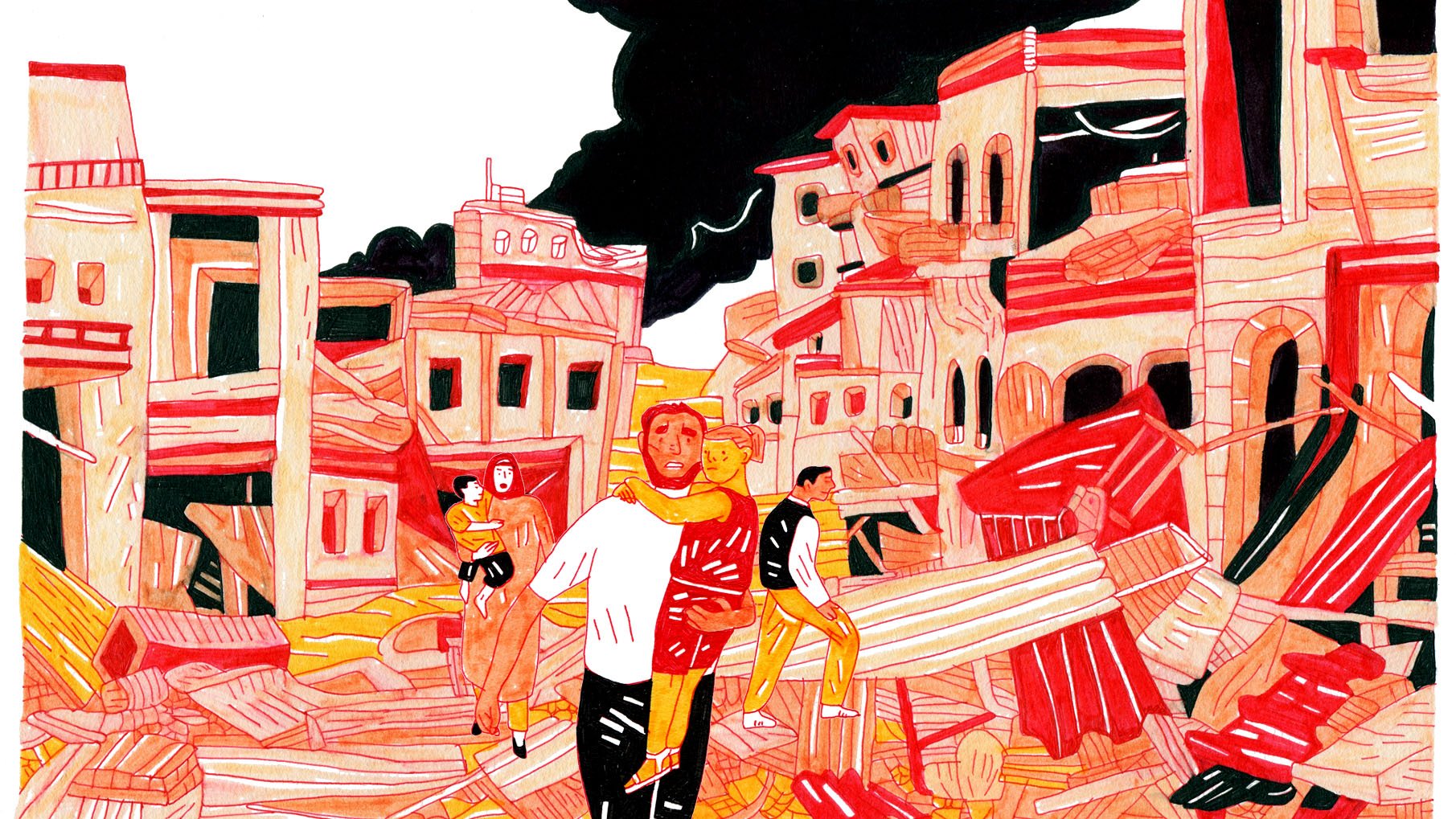 L'image représente une scène urbaine dévastée, avec des bâtiments en ruines et des débris éparpillés dans toute la zone. Au premier plan, on peut voir plusieurs personnes, parmi lesquelles un homme portant une tenue de protection rouge. Les autres figures semblent traverser les débris, et l'ensemble de la composition est dominé par des tons rouge et beige, créant une atmosphère intense et dramatique. Le ciel est sombre, suggérant une ambiance lourde et pesante.