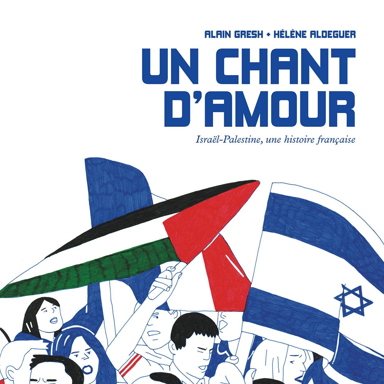 Groupe de personnes avec des drapeaux palestinien et israélien, exprimant des émotions fortes.