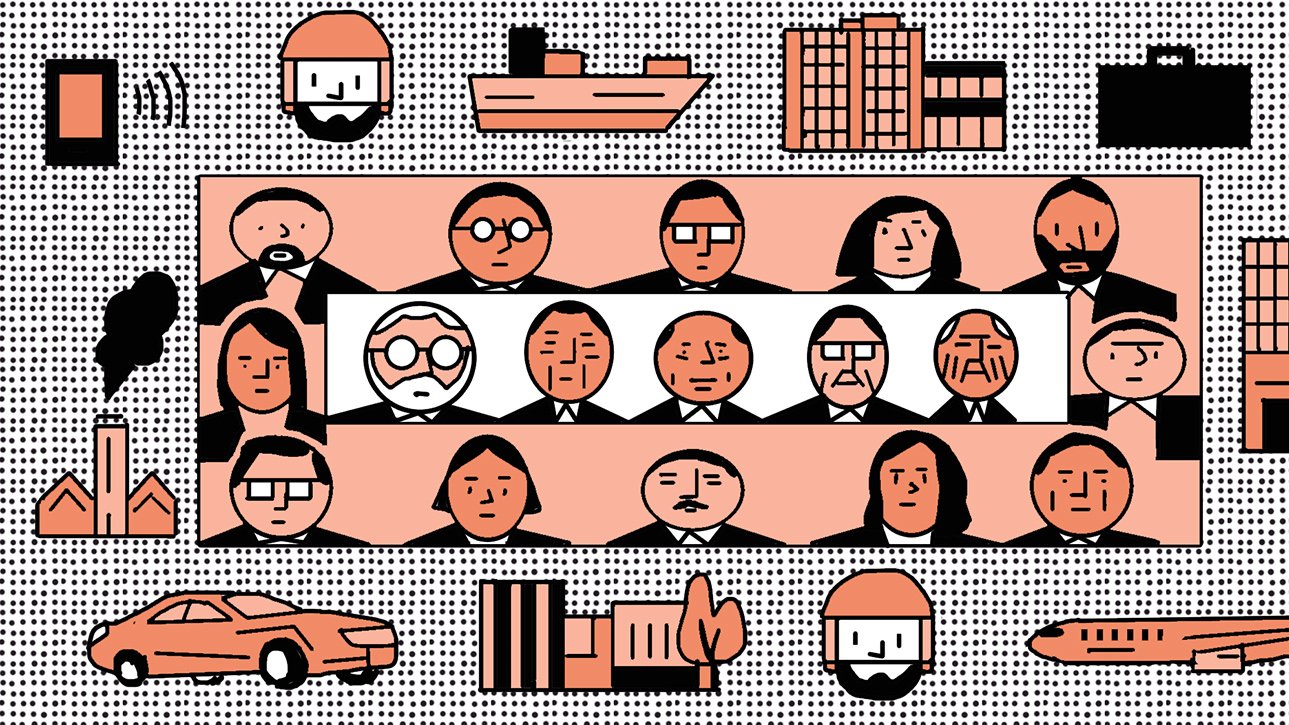 L'image présente un assemblage de silhouettes minimalistes représentant des personnes, disposées autour d'une grande table. On y trouve également des icônes symbolisant des éléments de transport, tels qu'un bateau et un avion, ainsi que des bâtiments et des voitures. La palette de couleurs est principalement composée de nuances de beige et de noir, créant un contraste visuel approprié. Les personnages semblent s'engager dans une discussion ou une réunion, renforçant une atmosphère de collaboration ou de prise de décision.