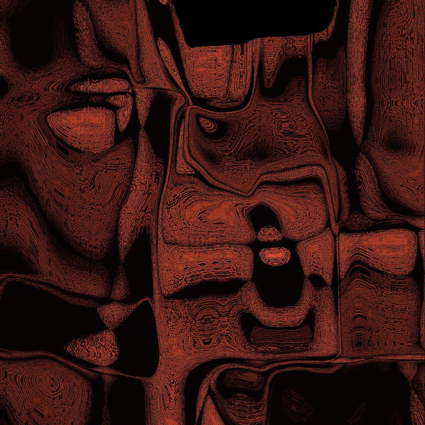 The image features a complex, abstract design characterized by swirling patterns and textures. It predominantly uses deep reds and blacks, creating a rich, layered effect. The shapes appear almost fluid, with a sense of movement and depth, reminiscent of natural elements like lava or molten materials. Overall, it evokes a striking and intense visual experience.