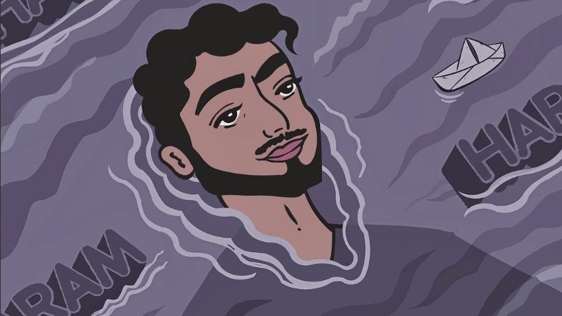 La imagen presenta un fondo en tonos morados con ondas, en el que se repite la palabra "HARAM". En el centro, hay un personaje con una expresión serena, cabello rizado y barba. El personaje parece estar sumergido en un entorno que sugiere agua, con algunos pequeños barcos en la parte inferior. La combinación de elementos refleja un ambiente introspectivo y simbólico.