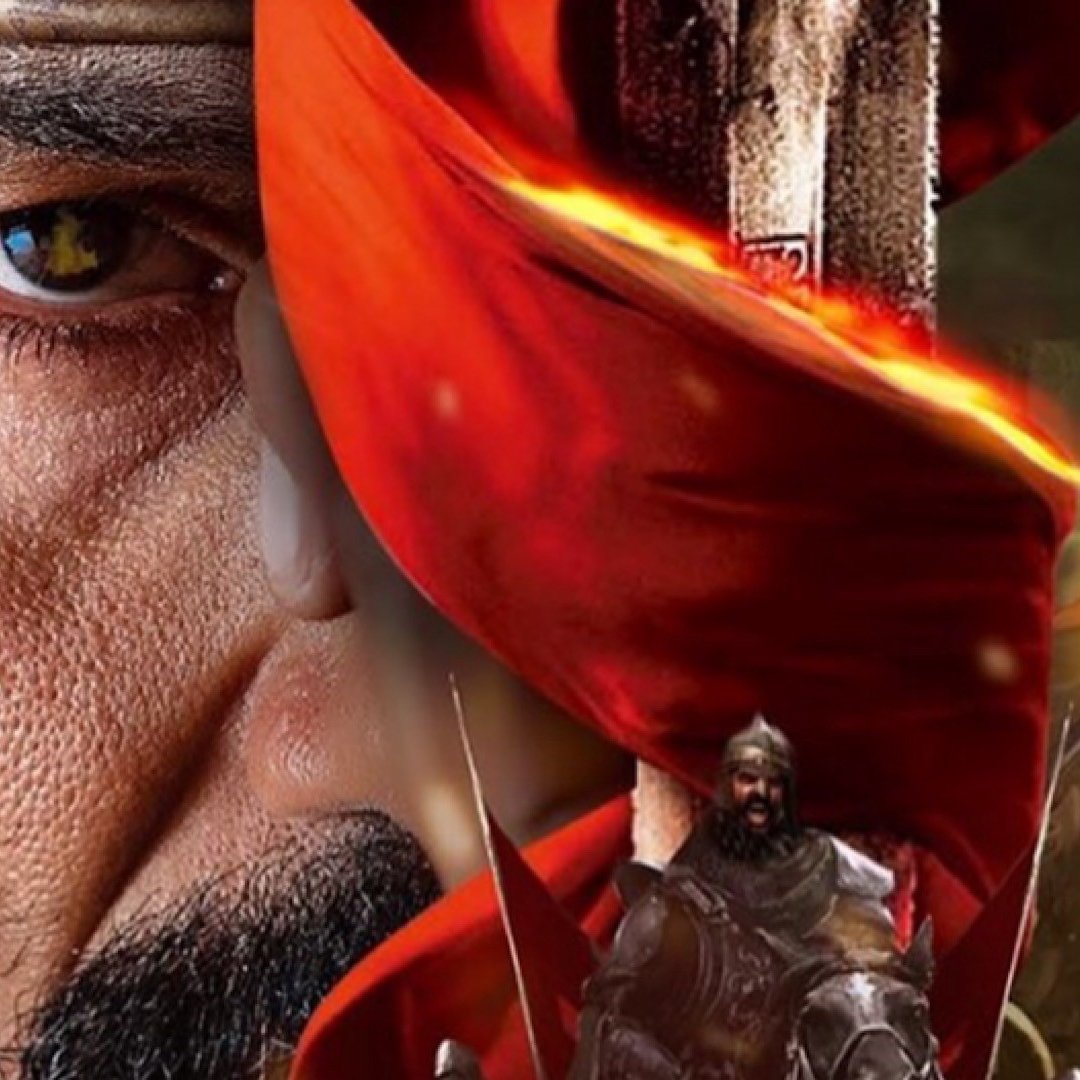 The image appears to depict a historical or epic theme, likely related to battle or warfare. It features a prominent warrior in armor, possibly on horseback, amid a dramatic and chaotic battlefield scene in the background. There are fiery colors, particularly a striking red, which suggests intensity and action. Elements like swords or banners might be included, enhancing the sense of conflict and heroism. Overall, the image evokes a sense of bravery, valor, and the tumult of war.