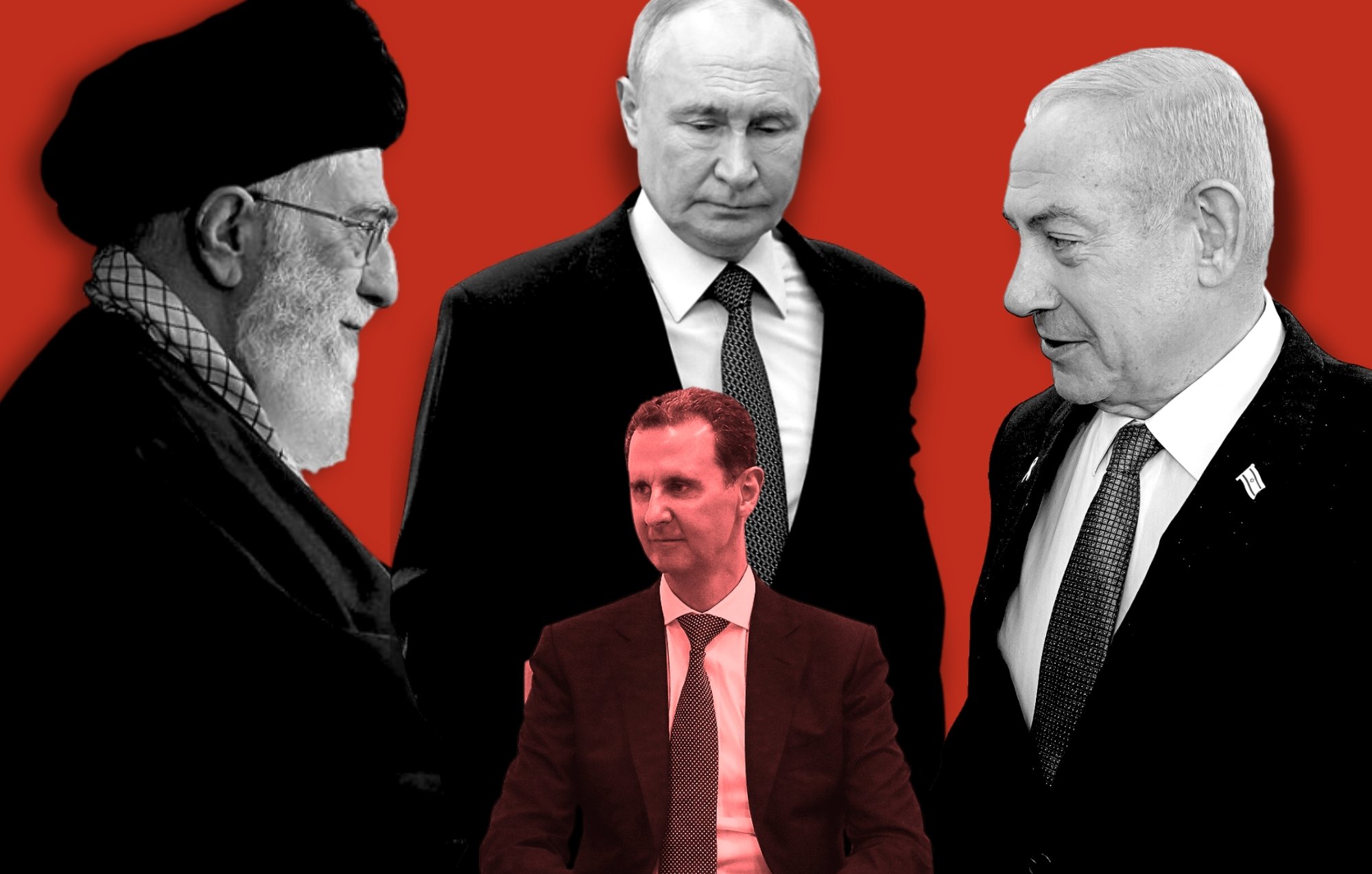 الصورة تظهر مجموعة من الشخصيات السياسية البارزة في سياق سياسي معقد. في الزاوية اليسرى، يوجد رجل يرتدي عمامة سوداء، ويبدو أنه شخصية دينية أو سياسية بارزة. في الزاوية اليمنى، يظهر رجل آخر يرتدي بدلة أنيقة، يبدو أنه زعيم دولة. في الوسط، يجلس رجل يرتدي بدلة بشكل أكثر رسمية، وهو يبدو في وضعية استماع أو انتظار. الخلفية حمراء، مما يضيف طابعاً درامياً للصورة. تعكس هذه الصورة توترات وديناميكيات العلاقات بين هذه الشخصيات.