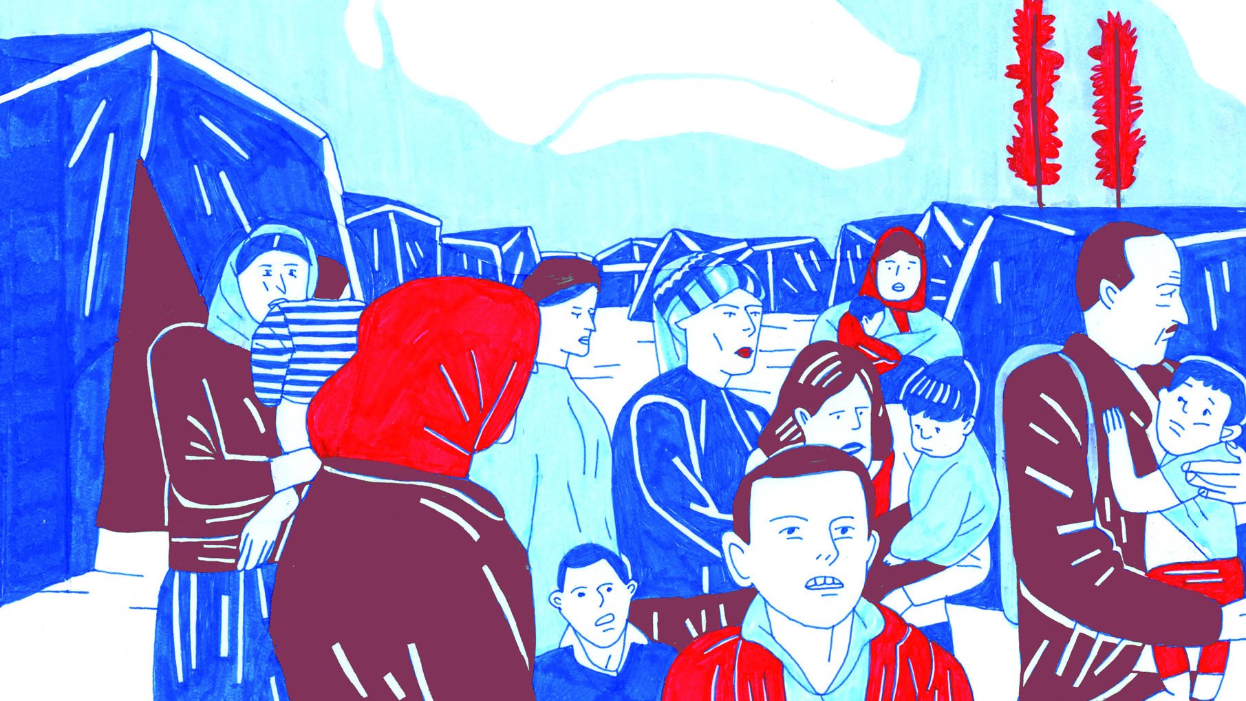 L'image représente une scène dans un camp de réfugiés. On y voit plusieurs personnes, dont des adultes et des enfants, se rassemblant autour de tentes. Les visages semblent exprimer diverses émotions, allant de l'inquiétude à la détermination. Les couleurs dominantes sont des tons bleus et rouges, ce qui donne à l'ensemble une atmosphère vibrante. En arrière-plan, on aperçoit des arbres, ajoutant un élément naturel à cette situation difficile. L'ensemble de l'illustration évoque des thèmes de solidarité et de résilience face à l'adversité.