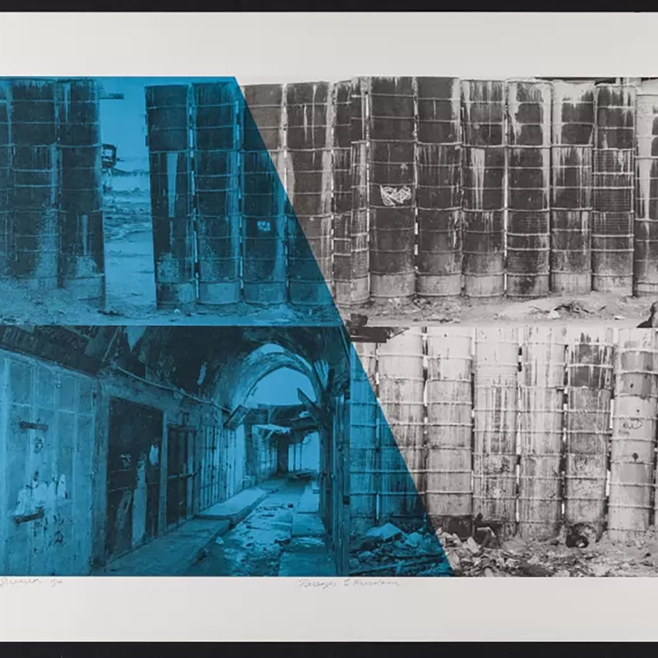 صورة فنية تظهر أنقاض مبانٍ بمزيج من الألوان والخطوط الهندسية.