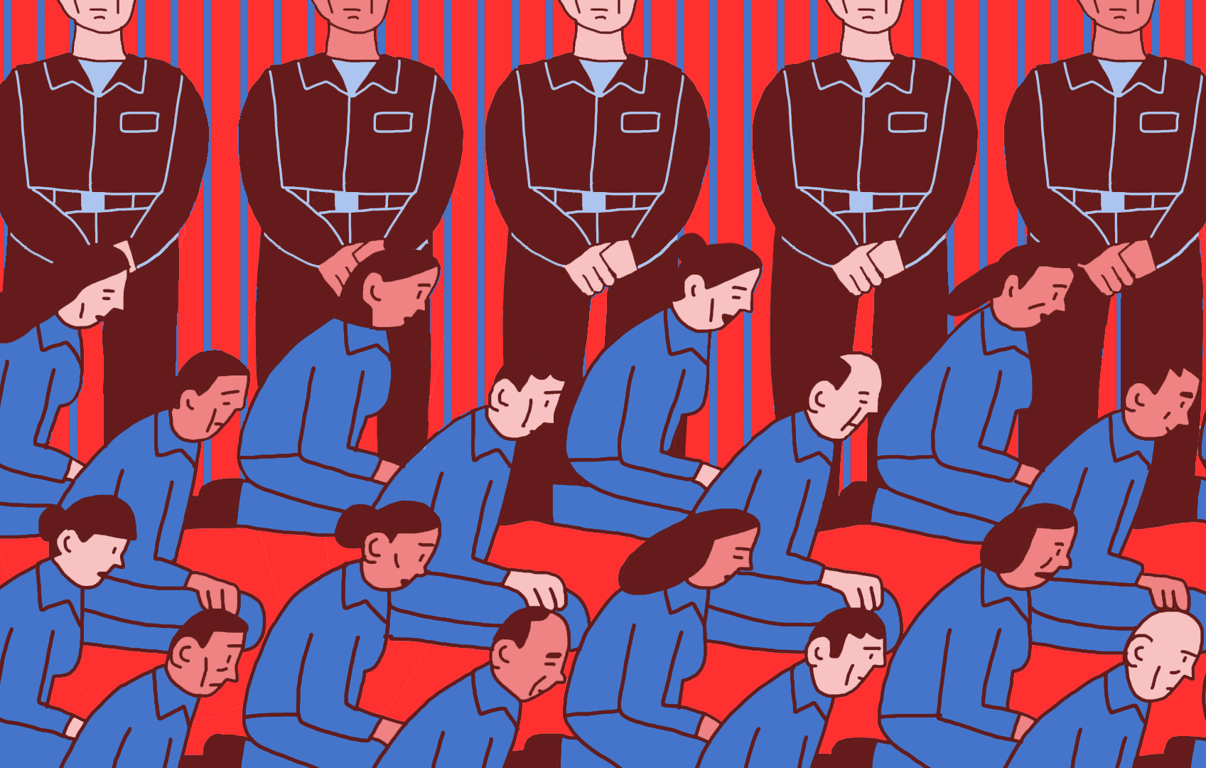L'image présente un groupe de personnes en position de genoux, semblant être en détresse. Elles portent des vêtements bleus et affichent des expressions de tristesse ou de soumission. À l'arrière-plan, on voit des figures en uniforme noir, les bras croisés, se tenant debout. L'ensemble est sur un fond rouge rayé, ce qui crée un contraste frappant avec les couleurs des personnages. L'atmosphère de l'image évoque des thèmes de répression ou de désespoir.