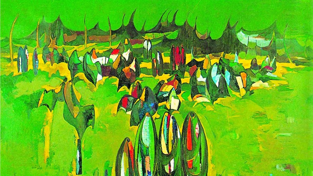 تظهر هذه الصورة لوحة فنية تتميز بألوان زاهية وخطوط متداخلة. الطابع العام للوحة يبدو نابضاً بالحياة، حيث يسيطر اللون الأخضر على الخلفية، مما يخلق إحساساً بالطبيعة. تظهر أشكال غير تقليدية قد تعكس الخيم أو الأشخاص، مع تباين واضح في الألوان المستخدمة، مما يعطي العمل عمقاً وحيوية. الأسلوب الفني يبدو معاصراً، ويعبر عن حركة أو نشاط ما، مما يجعله مثيراً للاهتمام.