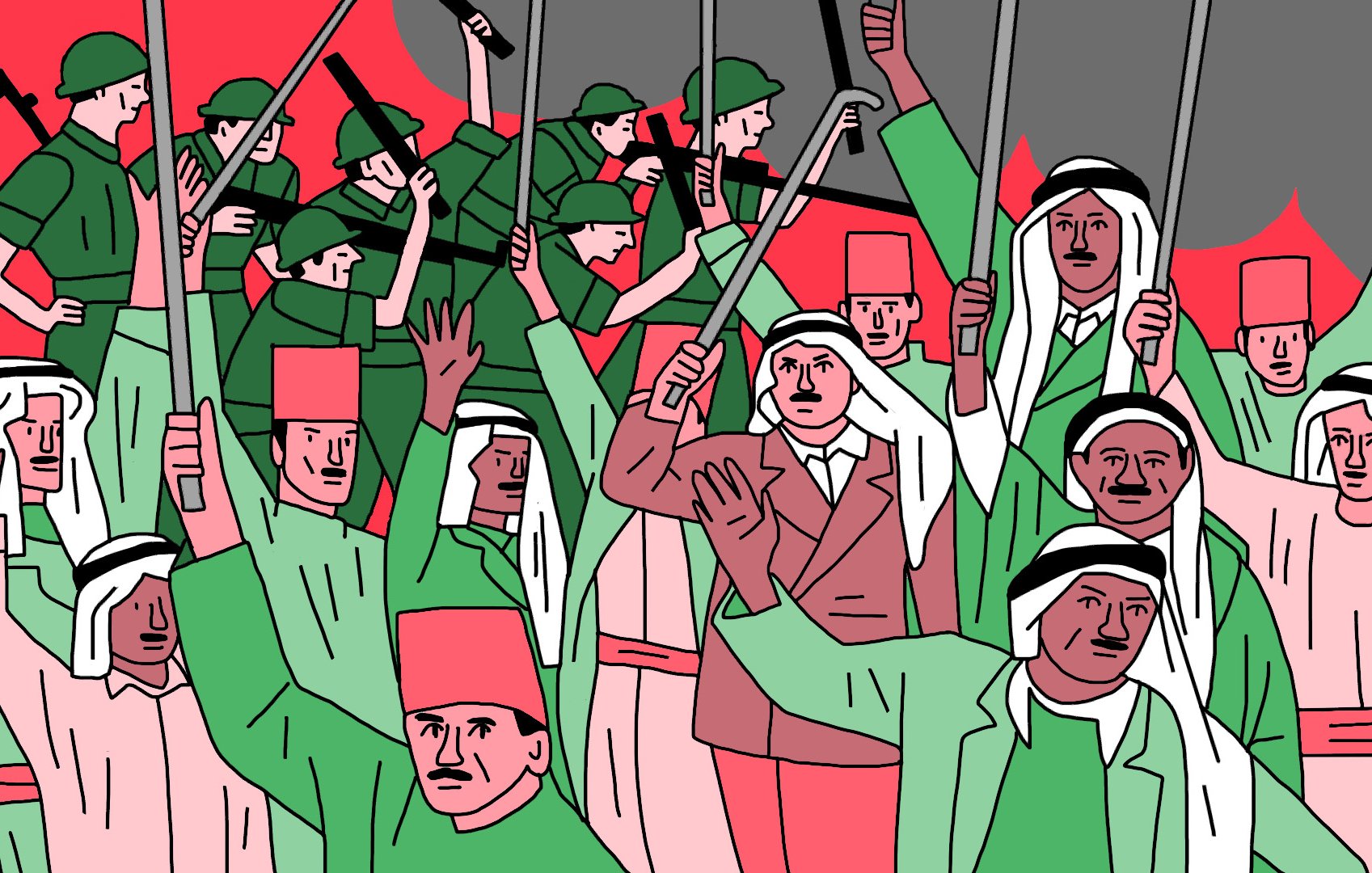 La imagen muestra una multitud de personas sosteniendo palos y armas, con un fondo dramático de llamas y un cielo oscuro. Hay soldados uniformados en la parte superior, mientras que en el centro se pueden ver civiles, algunos con vestimenta tradicional. La escena parece representar una manifestación o un conflicto, con un enfoque en la emoción y la determinación de los participantes. Los colores predominantes son rojos, verdes y tonos claros, lo que añade una atmósfera intensa a la imagen.