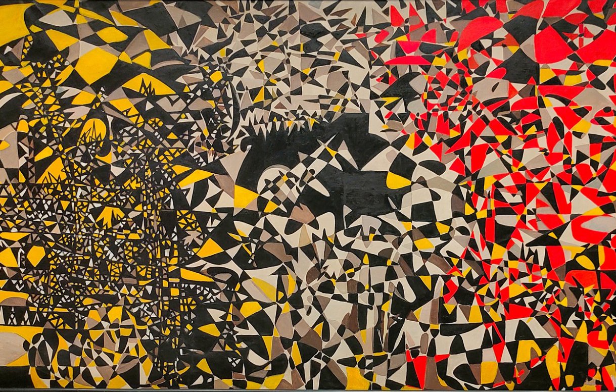 The image depicts an abstract painting characterized by bold geometric shapes and vibrant colors. The left side features a chaotic arrangement of black, yellow, and gray shapes, creating a sense of density and complexity. In contrast, the right side showcases a more energetic composition with dominant red and black hues intermixed with white and yellow shapes. The overall effect is dynamic and visually stimulating, drawing the viewer's attention across the contrasting halves of the artwork.