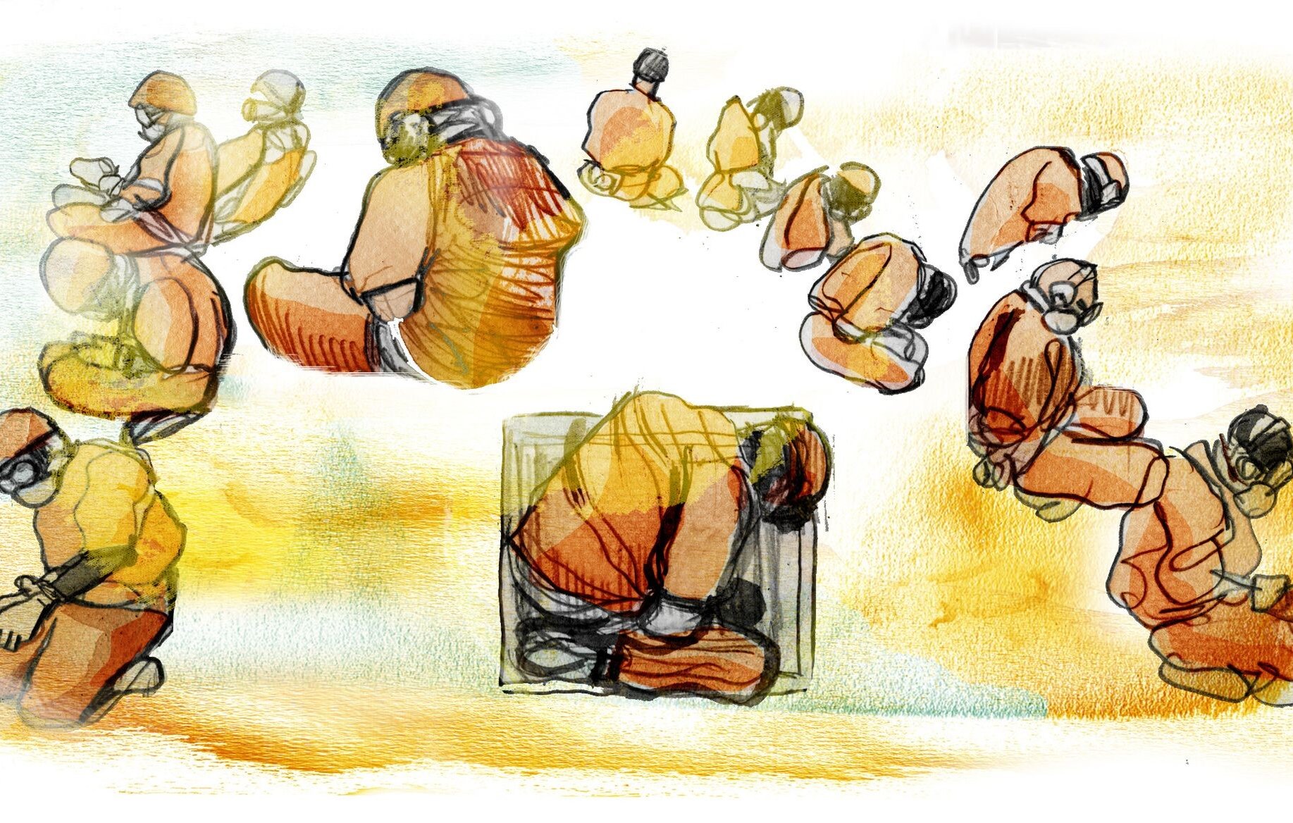 L'image représente une série de croquis illustrant des personnages en position accroupie ou assise, habillés dans des combinaisons orange. Les figures semblent être en mouvement ou en méditation, et l'ensemble est dessiné avec des traits fluides et des couleurs douces, principalement des teintes chaudes. L'utilisation de l'aquarelle crée un arrière-plan riche, évoquant une atmosphère de réflexion ou d'introspection. Les postures des personnages suggèrent une certaine tranquillité ou concentration.