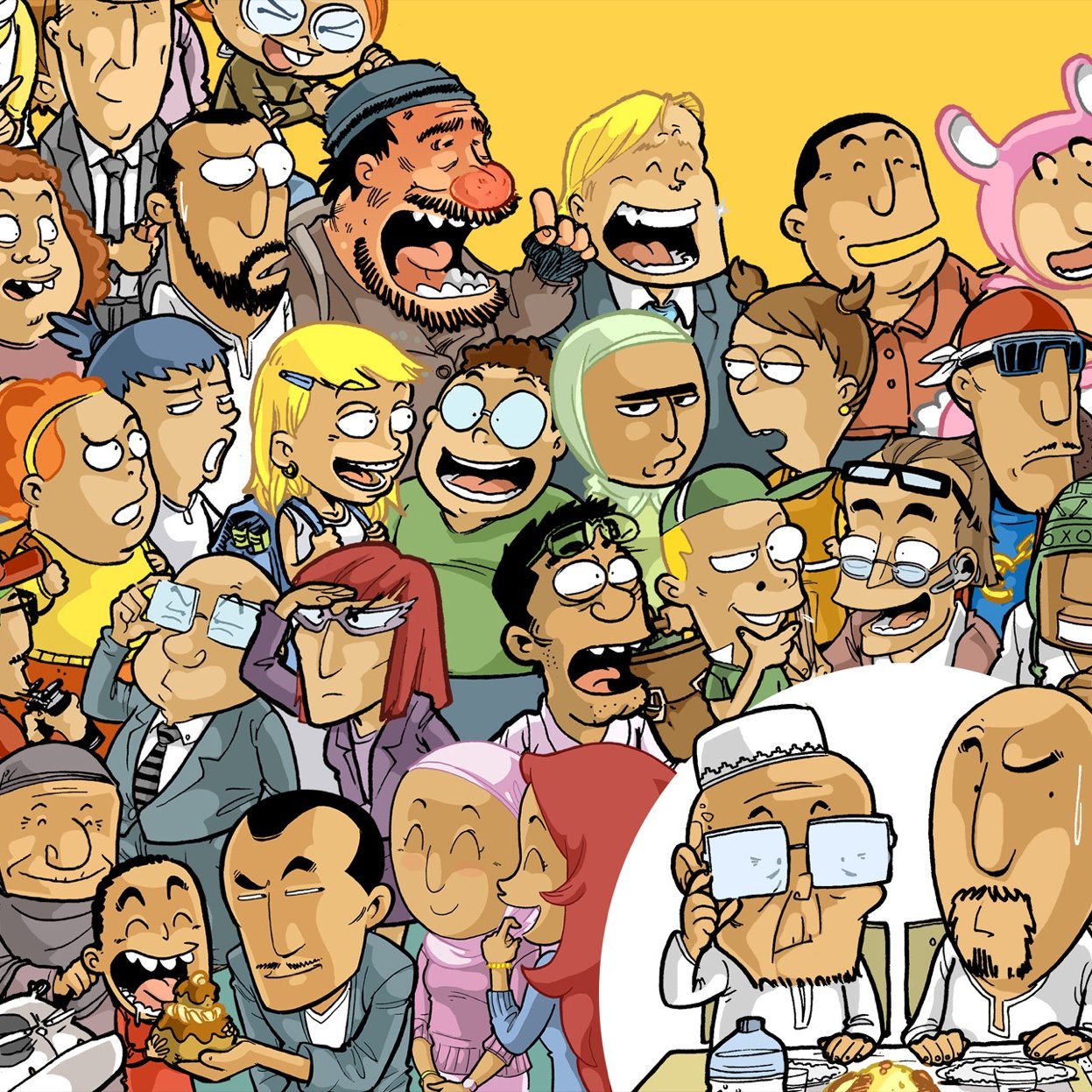 The image features a vibrant and colorful crowd of cartoon characters, each with unique expressions and appearances. The setting has a cheerful yellow background, which emphasizes the lively atmosphere. In the center, two characters are seated at a table, likely sharing a meal, surrounded by a diverse group that includes laughter, joy, and various emotions. The characters represent a mix of different styles and features, showcasing a range of hairstyles, clothing, and facial expressions, contributing to a sense of dynamism and humor in the scene.