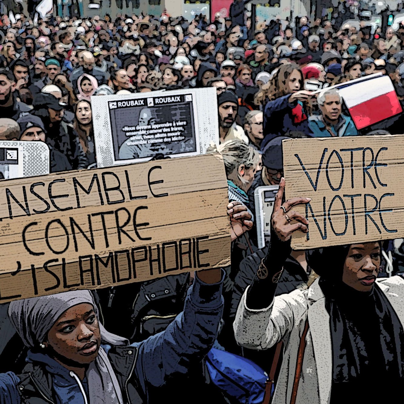 The image depicts a large crowd of protesters gathered for a demonstration. Many individuals are holding signs, two of which are prominently displayed. One sign reads "ENSEMBLE CONTRE L'ISLAMOPHONIE," which translates to "Together Against Islamophobia," while the other states "VOTRE LAICITE, VOTRE LIBERTE," meaning "Your Secularism, Your Freedom." The atmosphere appears to be a mix of solidarity and advocacy, as participants unite for a common cause. The background suggests a diverse group of people showing their support for the movement.