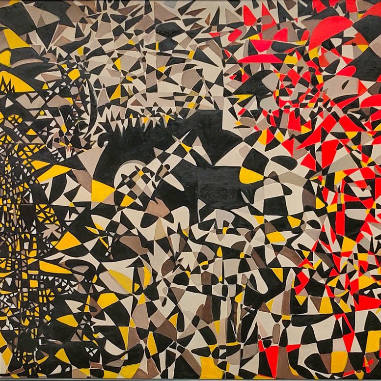 L'immagine presenta un'opera astratta caratterizzata da un uso audace di colori, tra cui il rosso, il giallo, il nero e il bianco. La composizione è composta da forme geometriche e linee intrecciate che creano un effetto dinamico e energico. A sinistra si osservano pattern più complessi e fitti, mentre a destra il colore rosso e le forme più leggere sembrano esplodere, dando un senso di movimento e vivacità. L'insieme evoca emozioni contrastanti e stimola l'immaginazione, invitando l'osservatore a interpretare i vari elementi a proprio modo.