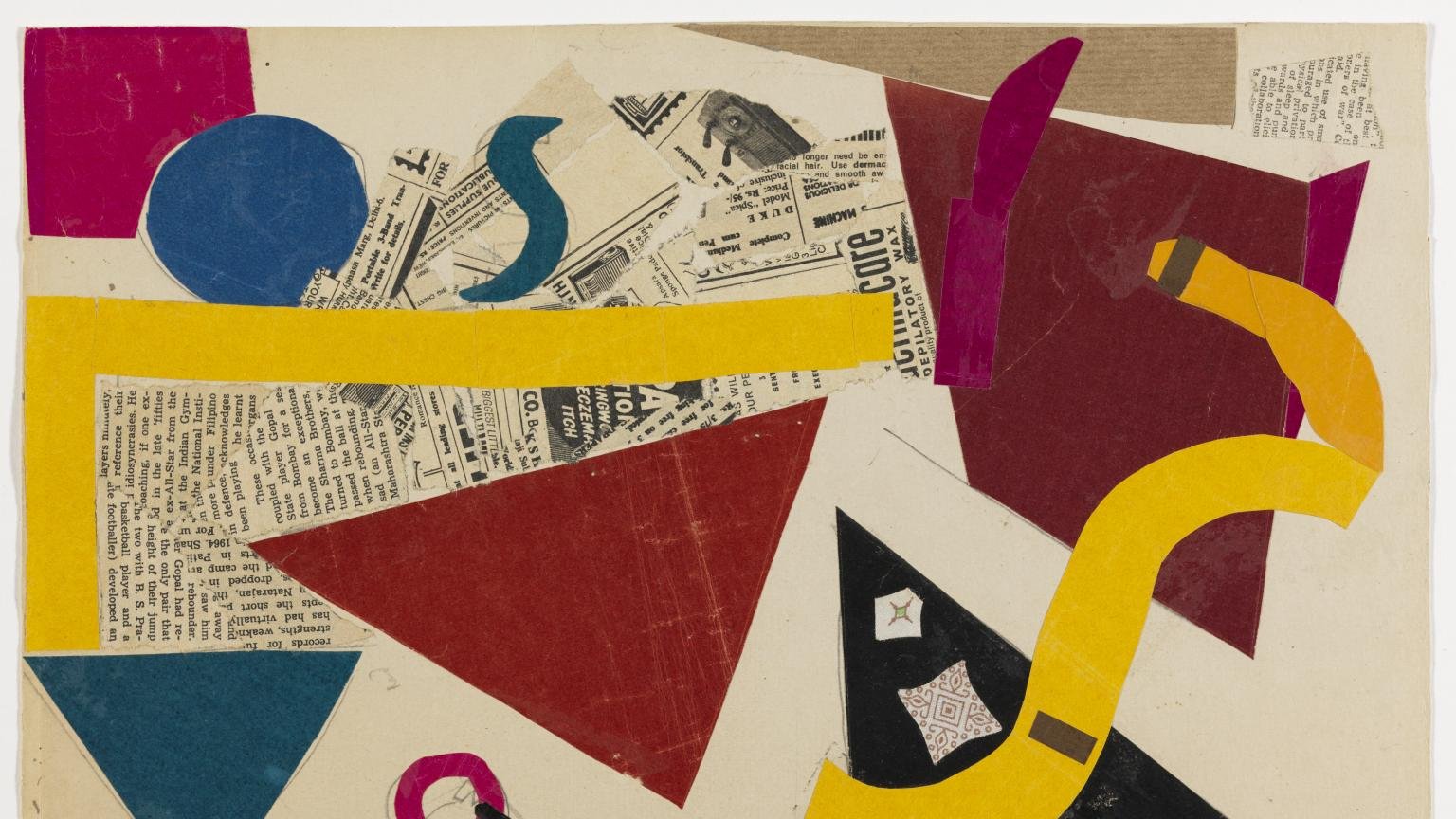 این تصویر ترکیبی از اشکال هندسی و رنگ‌های مختلف است. در آن از اشکال رنگی مانند دایره‌ای آبی، نوار زرد و اشکال قرمز و مشکی استفاده شده است. پس‌زمینه شامل برش‌هایی از روزنامه‌ها و کاغذهای متفاوت است که به تصویر عمق و بافت می‌دهد. استفاده از رنگ‌ها و فرم‌ها به‌طور کلی حس پویا و هنری به کار می‌بخشد. طراحی به‌نظر می‌رسد که مدرن و انتزاعی باشد، با توجه به ترکیب غیرسنتی عناصر.