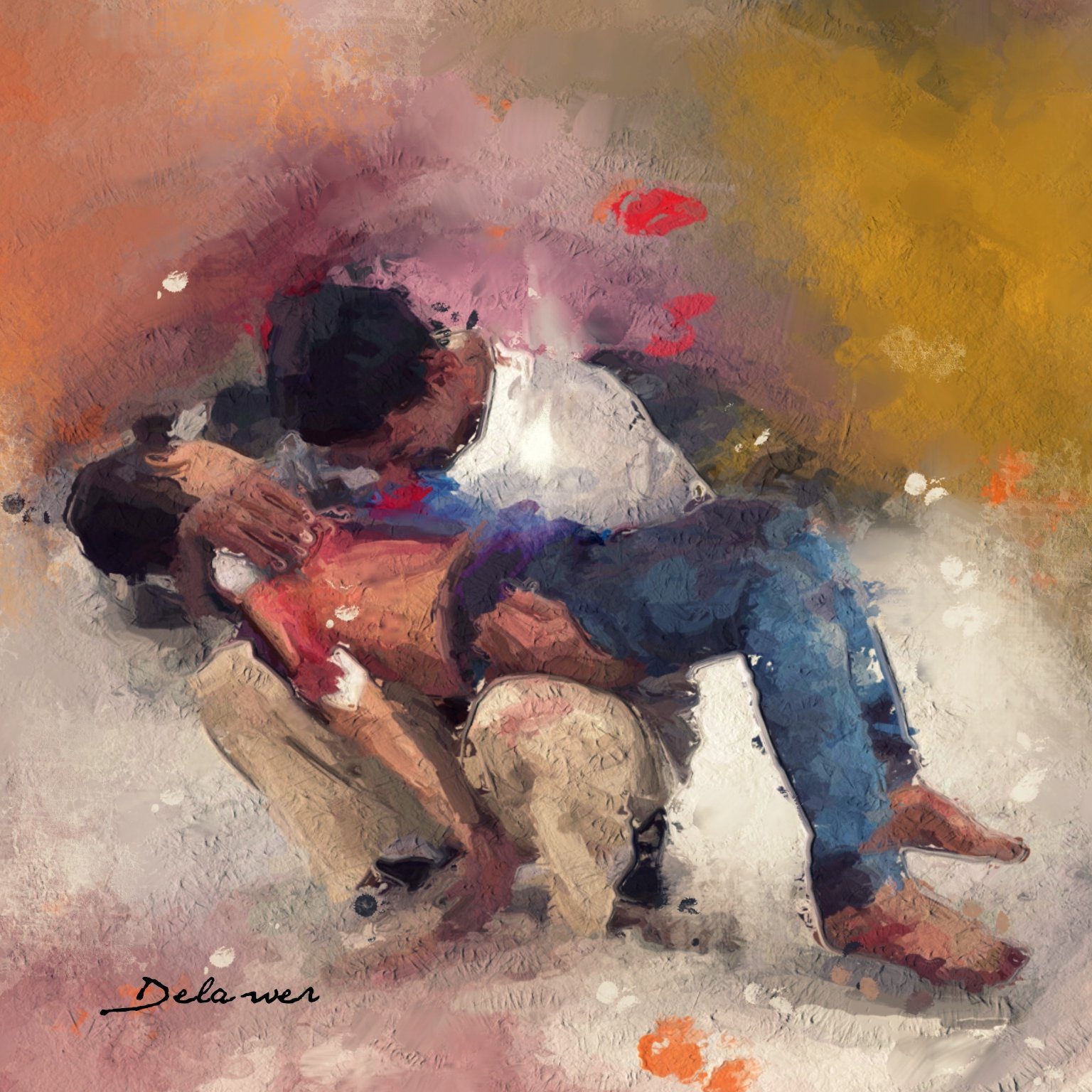 L'image représente une scène expressive et colorée, où deux personnages semblent être en interaction intime. Les coups de pinceau et les couleurs vives créent une atmosphère émotive. L'un des personnages est penché, tandis que l'autre est soutenu, ce qui suggère un moment de connexion profonde. L'arrière-plan abstrait, avec des teintes chaudes et froides, renforce l'intensité de la scène. L'œuvre évoque des sentiments de tendresse et d'émotion.