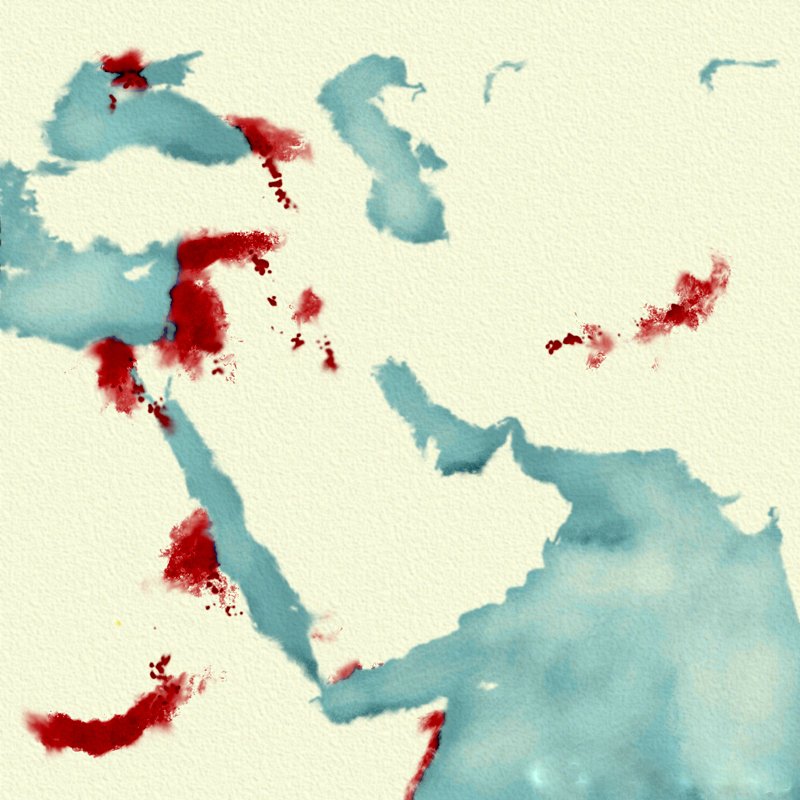 Cette image présente une composition abstraite avec des taches de couleur. On peut observer des formes fluides en bleu et des éclaboussures de rouge qui se mêlent à un fond neutre. Les couleurs semblent s'entrelacer de manière organique, créant une atmosphère dynamique et expressive. Le style est poétique et pourrait évoquer des paysages ou des émotions, sans représenter d'objets spécifiques.