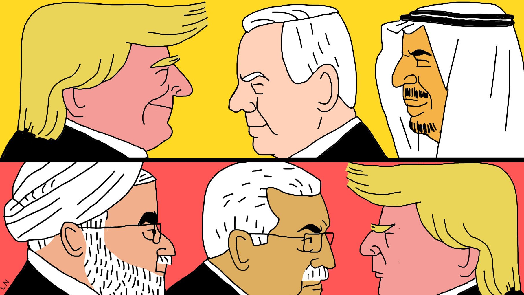 L'image présente une illustration divisée en deux parties. La partie supérieure montre des visages de plusieurs leaders politiques avec un fond jaune, tandis que la partie inférieure les montre sur un fond rouge. On y voit une confrontation entre différentes figures symboliques, probablement des dirigeants de pays, avec des expressions sérieuses. Cette représentation semble évoquer des relations diplomatiques tendues et des enjeux politiques.