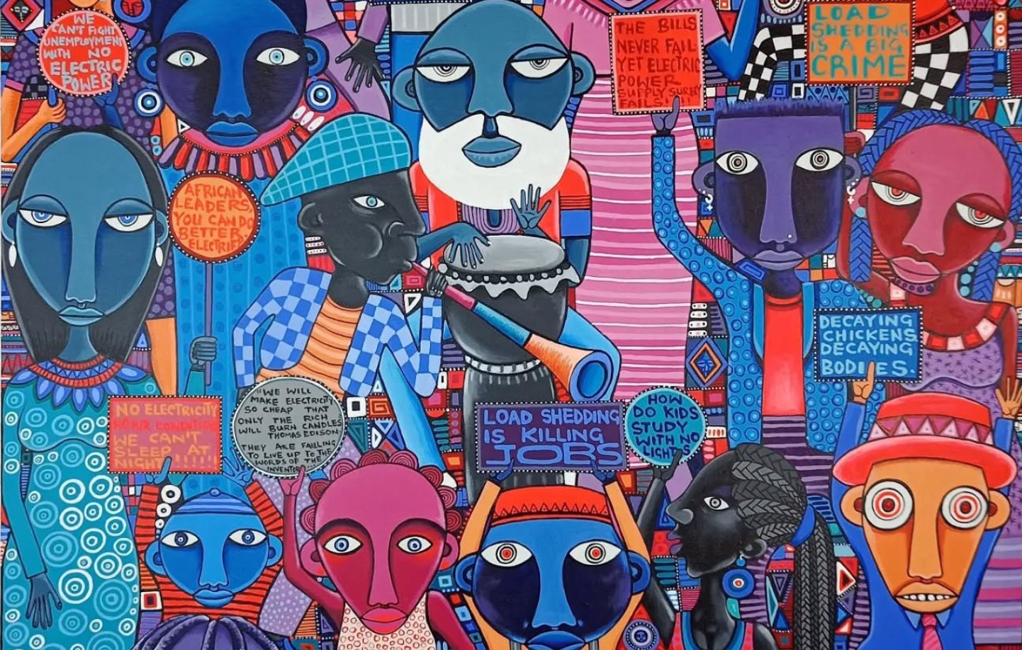 Une œuvre colorée avec des visages stylisés et des messages sociaux percutants.