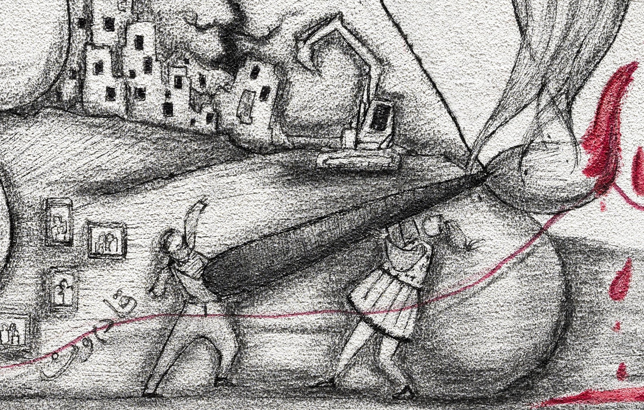 L'immagine presenta una scena emotiva e simbolica. Al centro, si vede la figura di una persona con un grande viso, da cui emergono elementi che rappresentano edifici distrutti e una ruspa, suggerendo un contesto di devastazione e ricostruzione. Due figure umane, una vestita in modo tradizionale e l'altra in abiti più moderni, stanno tirando una corda rossa che attraversa il quadro, simbolizzando la tensione e il conflitto. Sul lato destro, una macchia di rosso potrebbe rappresentare il dolore o il sacrificio. L'uso di ombre e linee morbide crea un'atmosfera intensa e riflessiva.