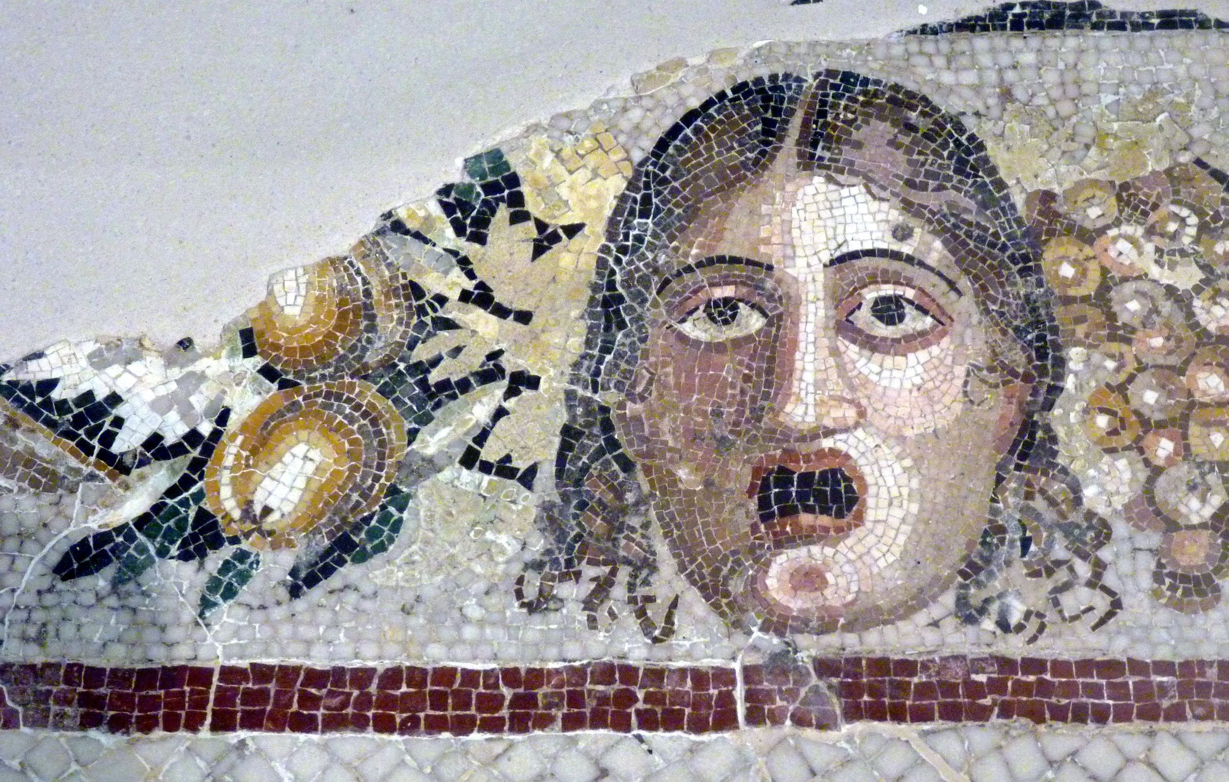 L'immagine mostra un mosaico antico che presenta il volto di una figura umana con un'espressione sorpresa o spaventata. La persona ha i capelli lunghi e scuri e un viso caratterizzato da lineamenti ben definiti. Intorno al volto ci sono elementi decorativi come grappoli d'uva e frutti, che aggiungono un tocco di colore e ricchezza al mosaico. La tecnica del mosaico è evidente, con tessere di diverse tonalità utilizzate per creare dettagli e sfumature.