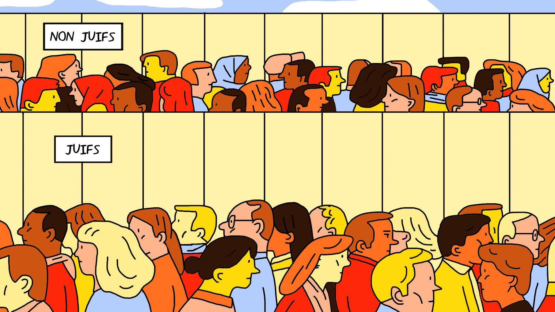 L'image montre une foule de personnes divisée en deux sections. En haut, il y a un panneau indiquant "NON JUIFS" et en bas, un autre panneau indiquant "JUIFS". La scène présente différentes personnes dans chaque section, chacune avec des caractéristiques distinctes. L'illustration semble aborder un thème de séparation ou de distinction entre groupes.