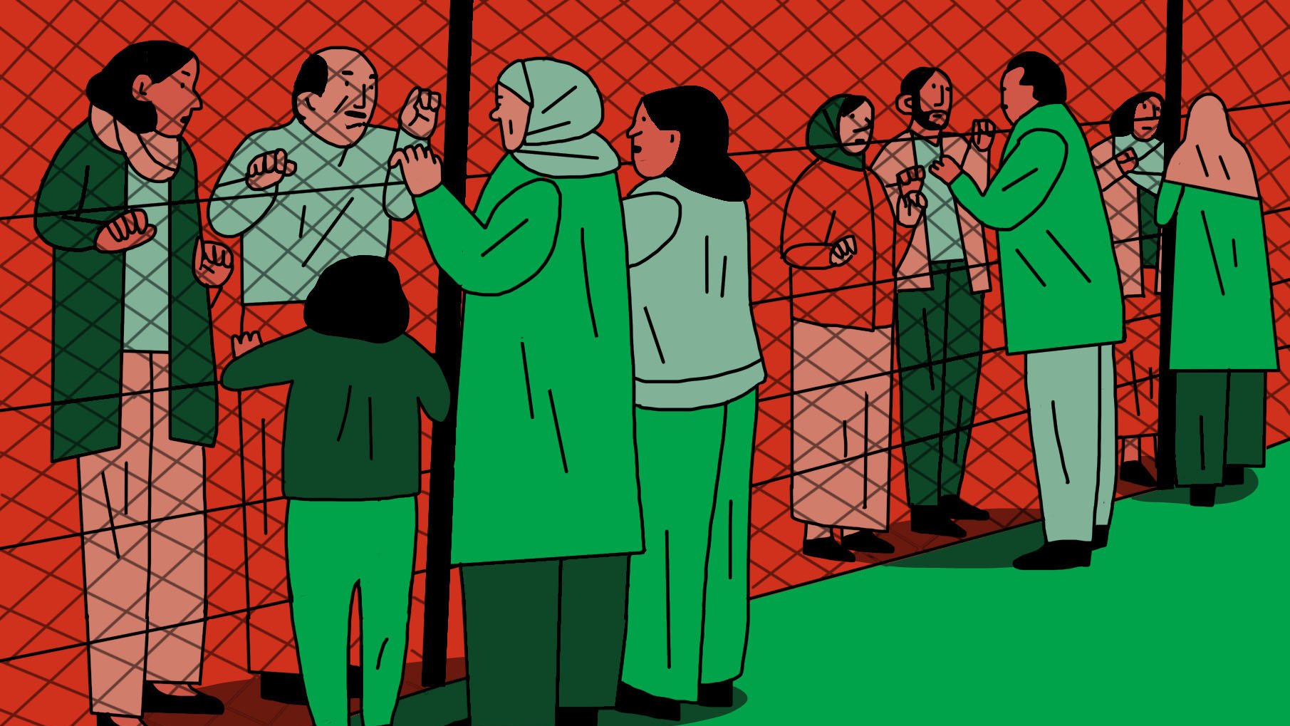 La imagen muestra a un grupo de personas de pie frente a una reja o cercado. Hay varias figuras, tanto adultos como niños, que parecen estar en comunicación a través de la malla. Algunas personas llevan ropa en tonos verdes, mientras que se observan rostros que expresan diferentes emociones, como preocupación o anhelo. El fondo es de un color rojo, lo que resalta la escena. La imagen transmite un sentido de separación y conexión entre quienes están dentro y fuera del cercado.