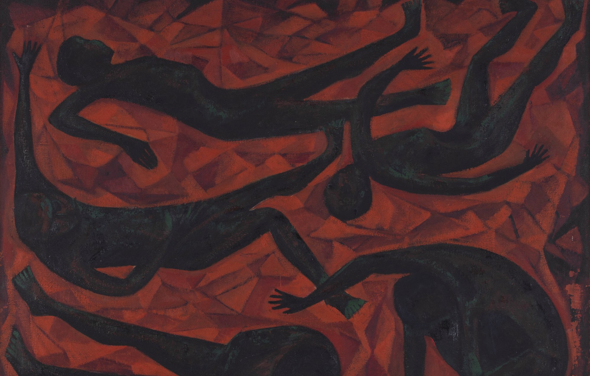 Cette image représente une composition artistique abstraite avec des silhouettes humaines. Les figures, dessinées en noir, sont disposées de manière dynamique sur un fond rouge vibrant. Leurs poses évoquent le mouvement et l'interaction, tandis que le contraste entre les silhouettes sombres et l'arrière-plan lumineux crée une forte impression visuelle. Les formes géométriques dans le fond ajoutent une dimension supplémentaire à l'œuvre, renforçant son caractère expressif et émotionnel.