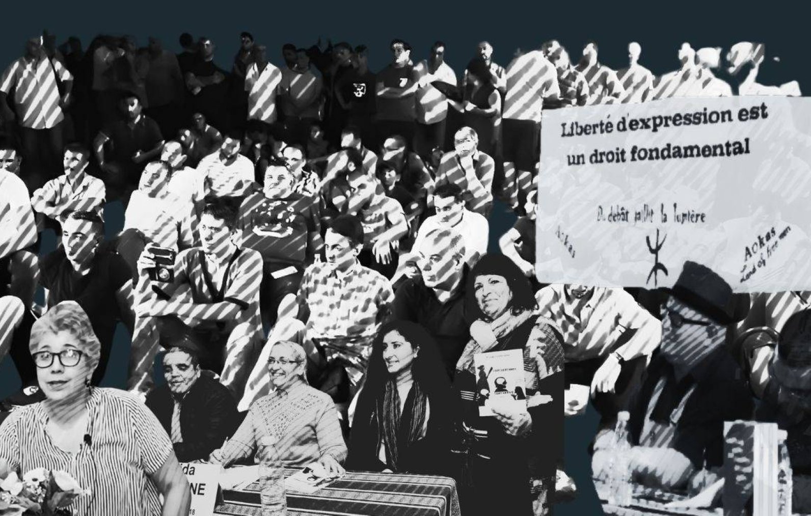A gathering of people with banners, advocating for freedom of expression.