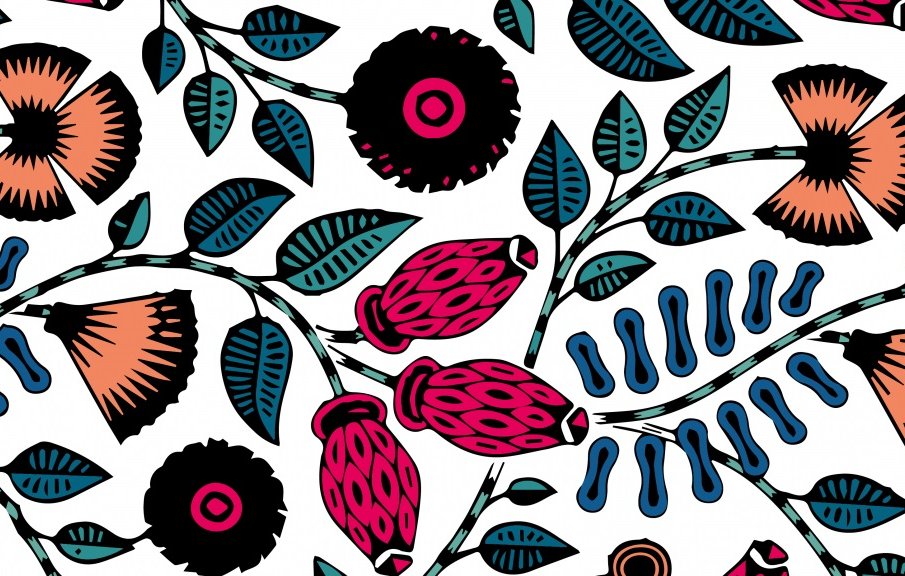 L'image présente un motif floral coloré sur fond blanc. On y aperçoit diverses fleurs stylisées, telles que des fleurs noires et des fleurs dans les tons rose et orange. Les tiges et les feuilles, d'un vert vif, s'entrelacent avec des formes organiques en bleu. L'ensemble crée une composition dynamique et graphique, évoquant une ambiance joyeuse et pleine de vie.